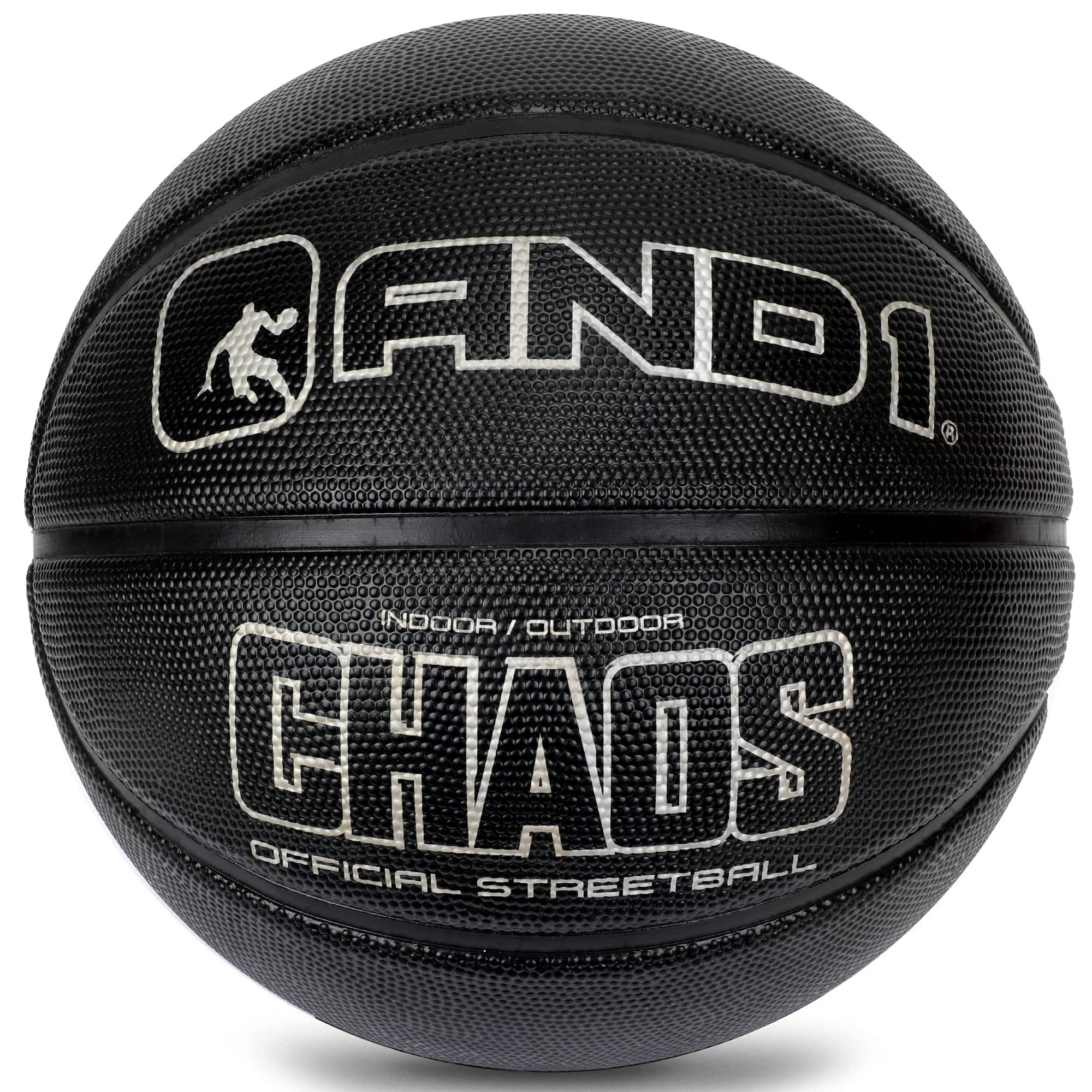 AND1 Baloncesto de goma Chaos, tamaño oficial, hecho para juegos de baloncesto en interiores y exteriores, se vende desinflado (bomba no incluida), talla 7, negro