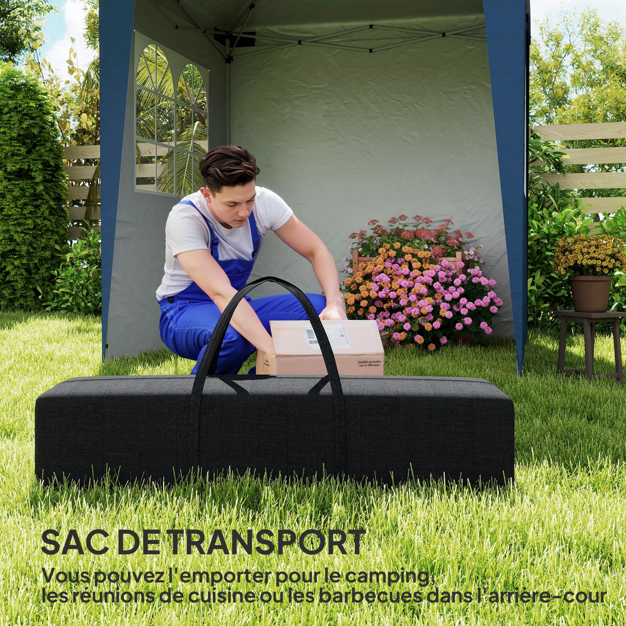 Outsunny Tonnelle de jardin pliante pop-up 2 x 2 m tente de réception hauteur réglable 3 niveaux Anti-UV 30+ 3 parois latérales avec 4 sacs de sable et 1 sac de transport tissu Oxford acier bleu foncé