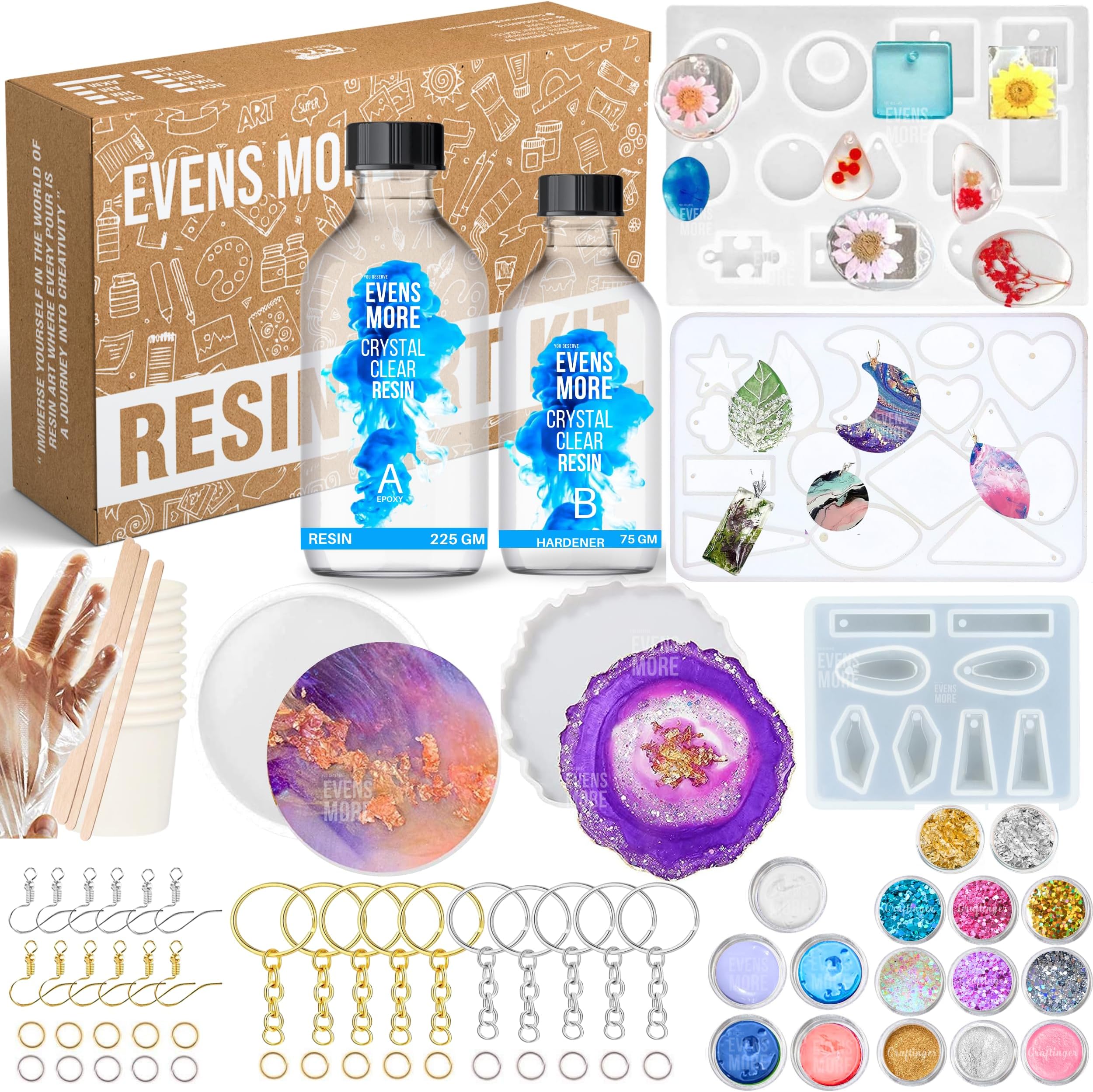 EVENS MORE Diy Resin Art Kit With 300 Gm Resin And Coaster Earring Keychain Coaster Macking Kit With Pigment Glitter Mica, Blue