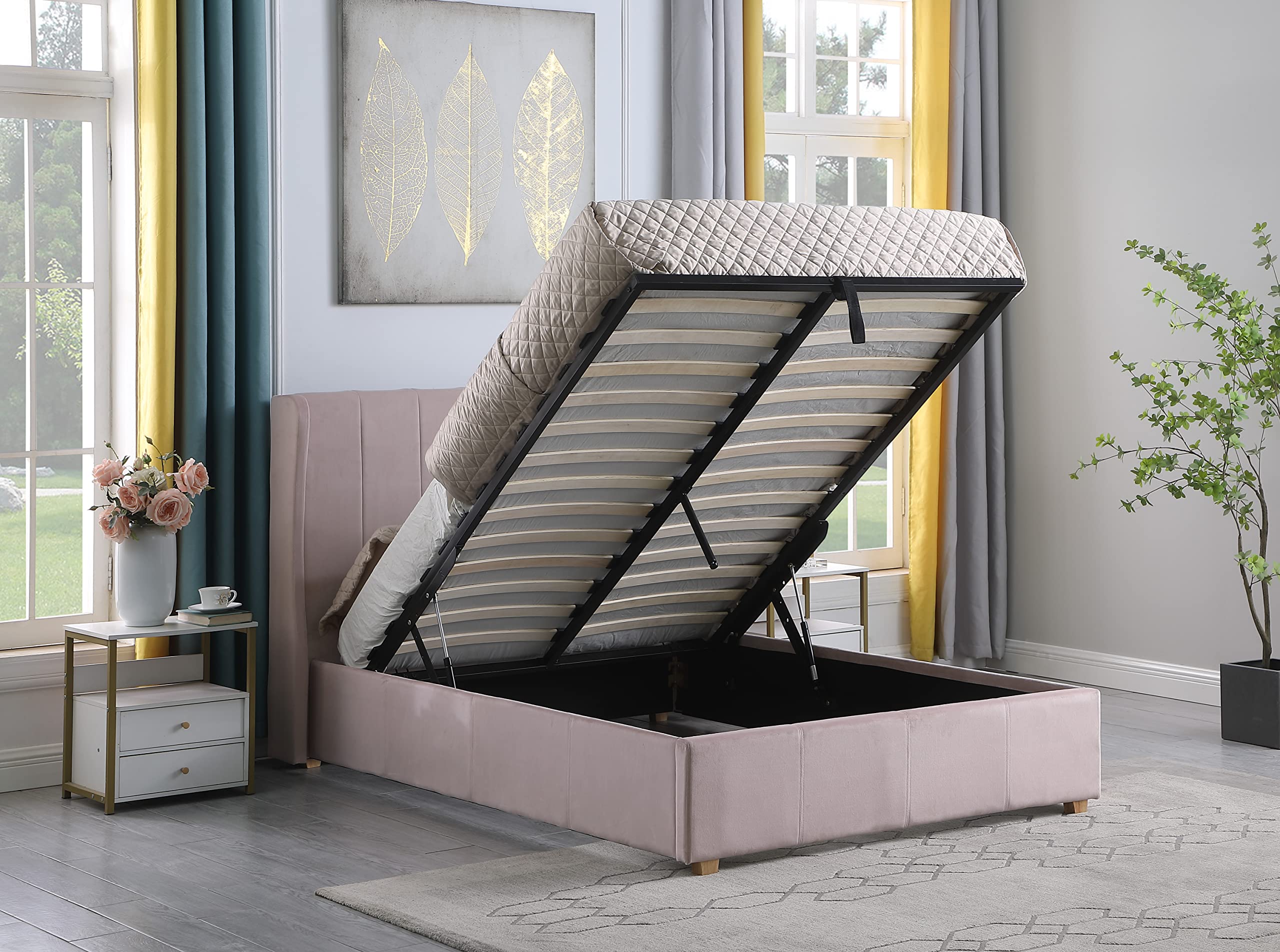 Seconique Amelia Pink Velvet Fabric 4'6" Plus Bed Frame with Gas Lift Storage