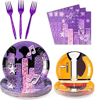 Feuid Gniea Singer Birthday Party Tableware Set 96Pcs Christmas Cartoon Korean Pop Singer Birthday Party Plates Forks Napkins Decorations for 24 Guests Musical Theme Disposable Dessert Dinnerware Set