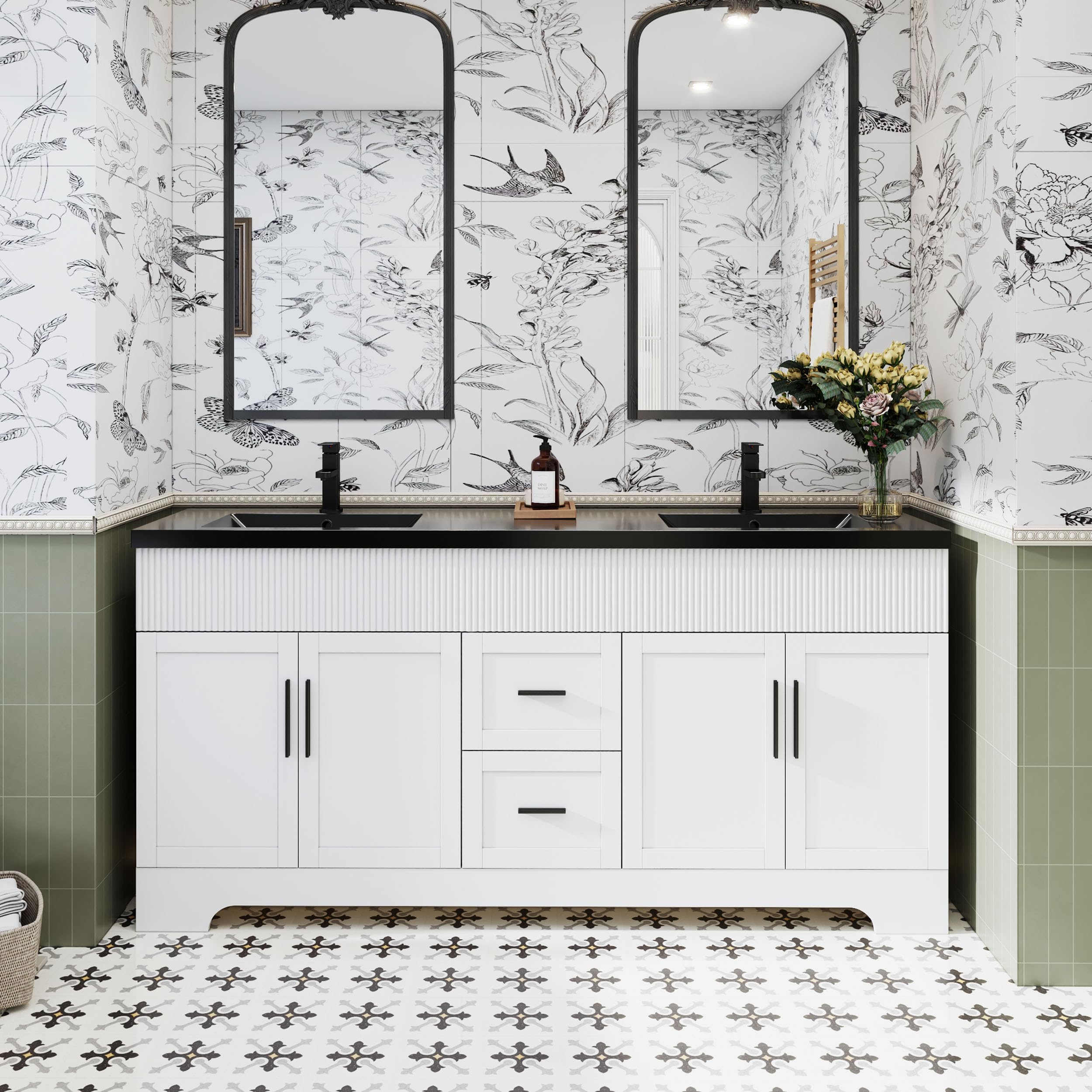 eclife 72" Bathroom Vanities Sink Combo with Painted Surface, Modern Drawered Cabinet W/Decorative Wave Lines, Undermount Double Black Sink, Matte Black Faucet Drain, White