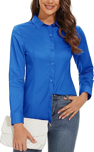 TACVASEN Camisas de manga larga con cuello para mujer, camisas de algodón ajustadas con botones, blusas casuales de negocios, camisas de trabajo
