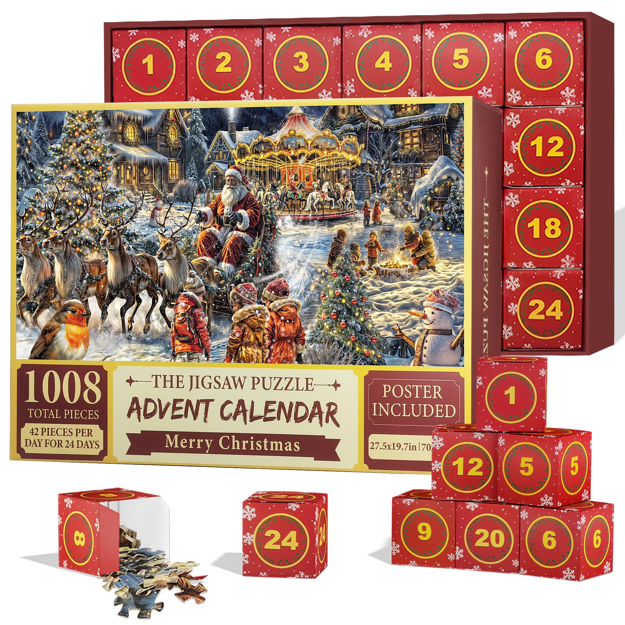 Advent Calendar 2024, Christmas Jigsaw Puzzles - 1008 Pieces Puzzles for Adults Teenagers, 24-Box Countdown to Christmas Game, Puzzles Gift, Festive Home Decorations, Finished Size 27.5x 19.7in