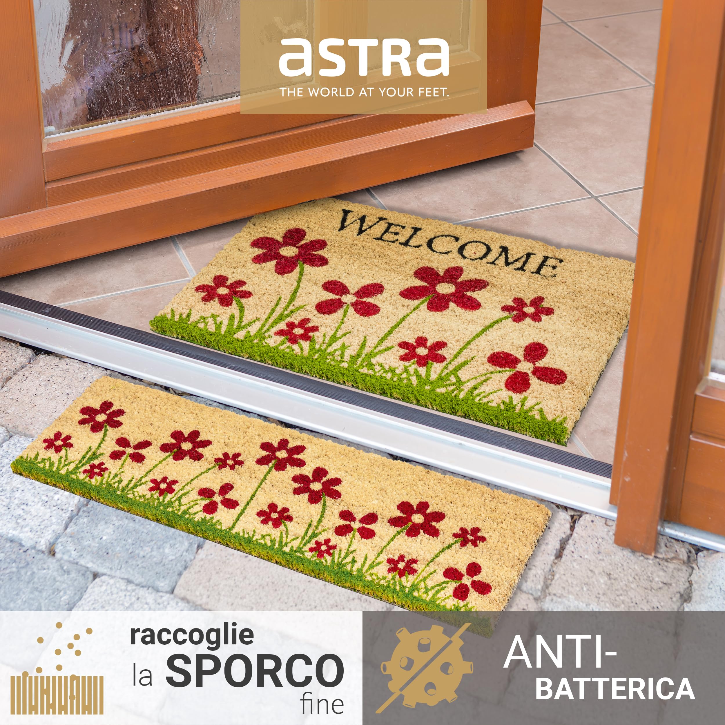 Astra Zerbino per interni Fiori naturali 25 x 75 cm - Tappetino stretto in cocco antiscivolo per interni ed esterni coperti - Zerbino per scarpe 100% cocco