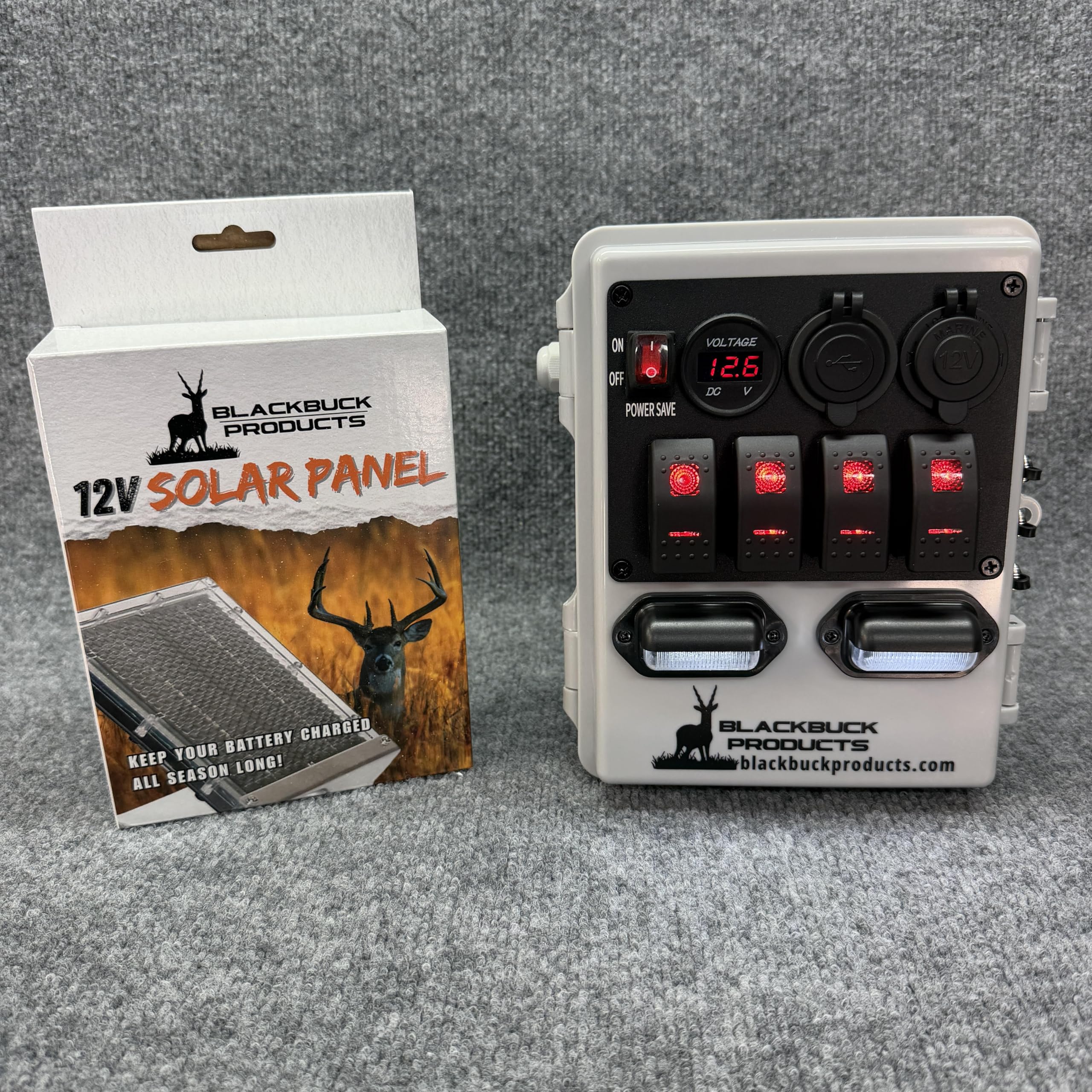 Deer Stand Power Bank z panelem słonecznym, przenośna skrzynka na baterie 12 V, odporna na warunki atmosferyczne obudowa ABS, system ładowania z wieloma portami, światła LED, ochrona bezpiecznika 10 A