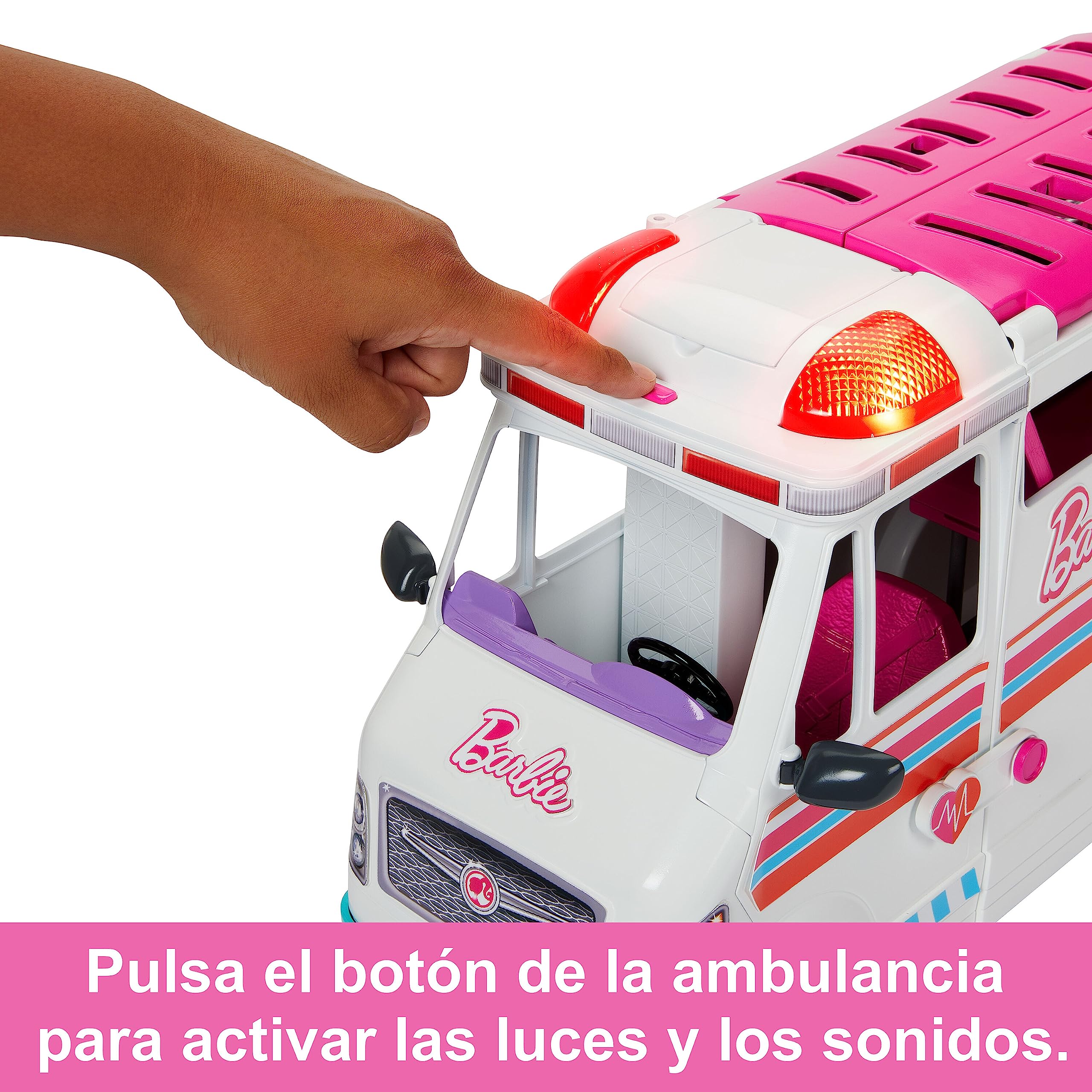 Barbie Clínica de cuidados Coche médico de Juguete para muñecas con Luces y Sonidos y Accesorios de Hospital, +3 años (Mattel HKT79)