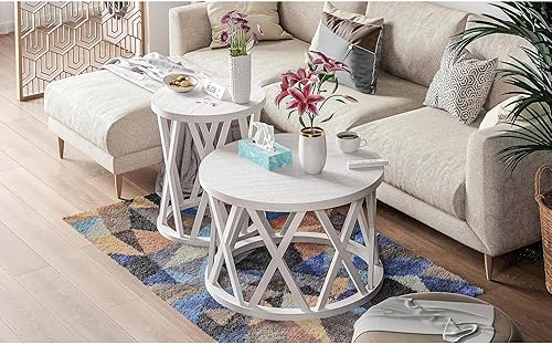 Miniatura 9 de Mesa de centro de granja, mesa de centro redonda rústica con patas de motivos en X, parte superior texturizada de madera, para bohemio, decoración