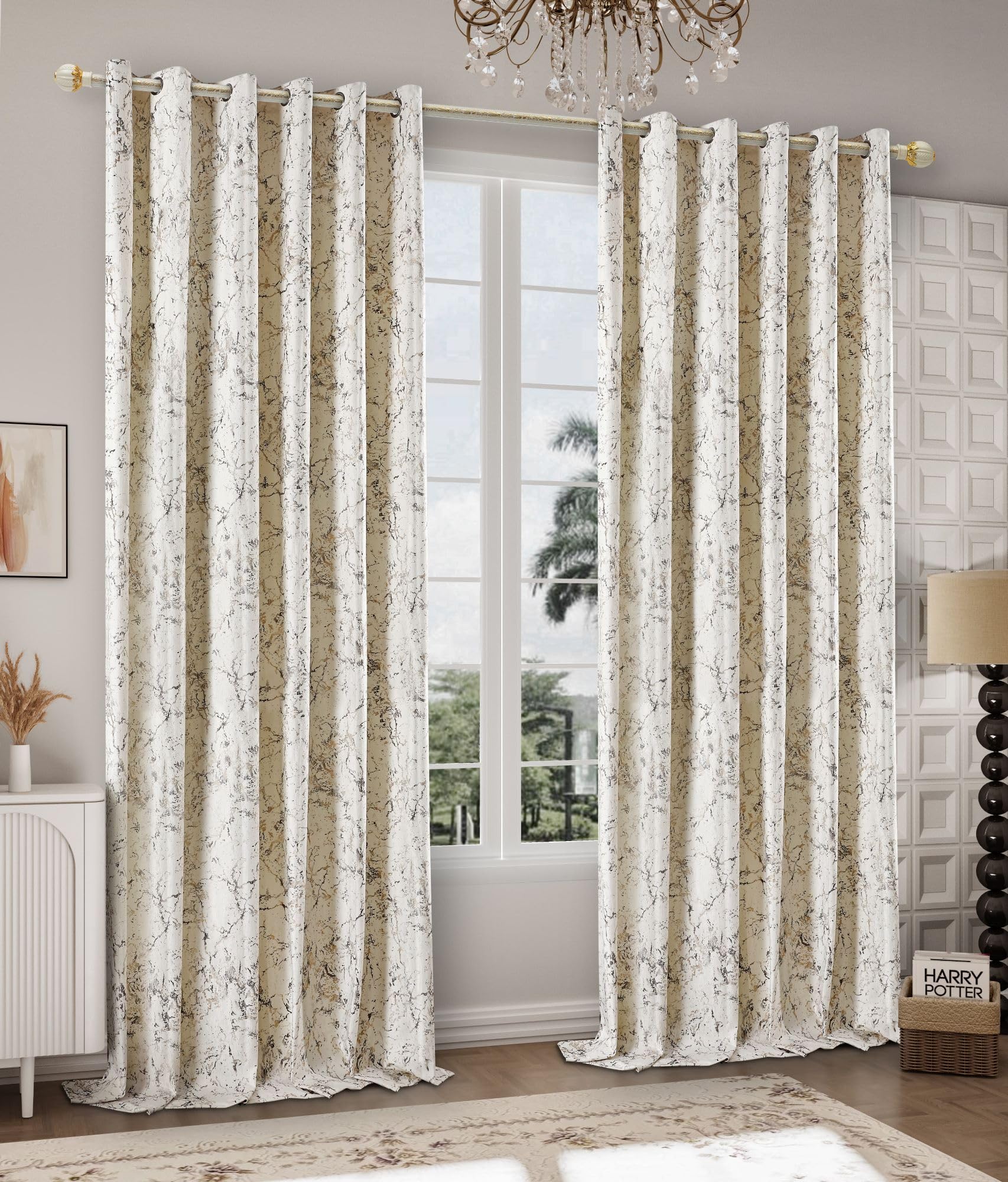 Heavy Thick Velvet Curtains Glitzy Printed Eyelet Ring Top Blackout Thermal Insulated Pair Panels for Bedroom Living Room Window Drapes (Cream, 66 x 72 in (168 x 183 cm))