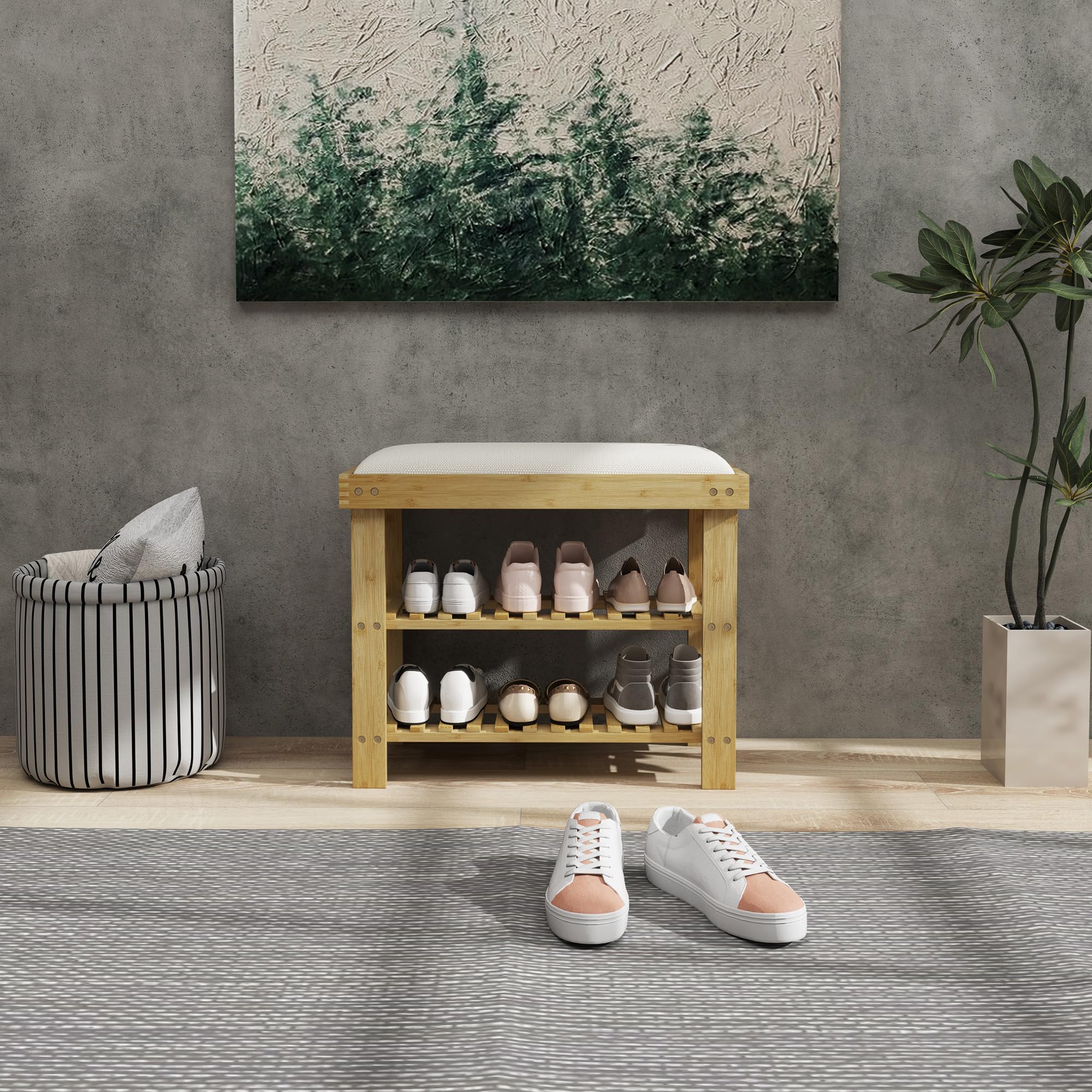 HOMCOM Banc à Chaussures en Bambou 60 x 29 x 49 cm, Crème et Bois Naturel | Étagère à Chaussures à 3 Niveaux, Style Scandinave, Banc de Rangement, pour Entrée, Salon, Chambre, Charge 150 Kg