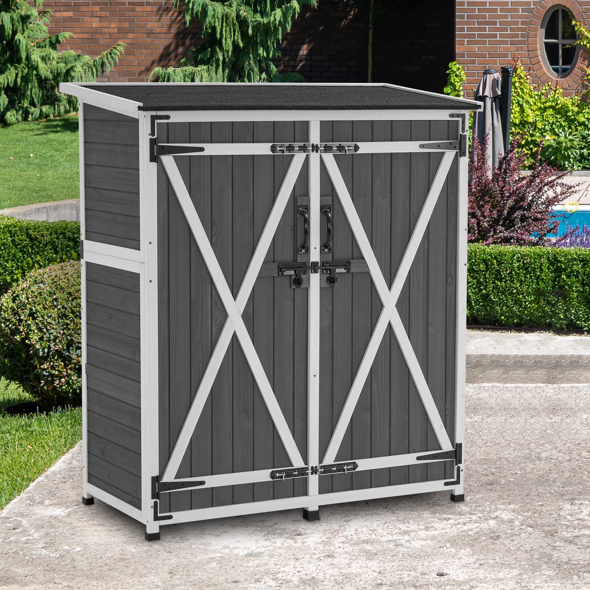 M MCombo Gartenschrank Holz Wetterfest, Klein Outdoor Gartenhaus Gerätehaus, für Außenbereich & Balkon & Terrasse, 122×60×137cm, 0707 (Grau)