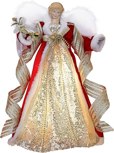 Valery Madelyn Decoración de ángel de Navidad de lujo preiluminada de 15.7 pulgadas, parte superior del árbol de ángel con 10 luces LED cálidas para