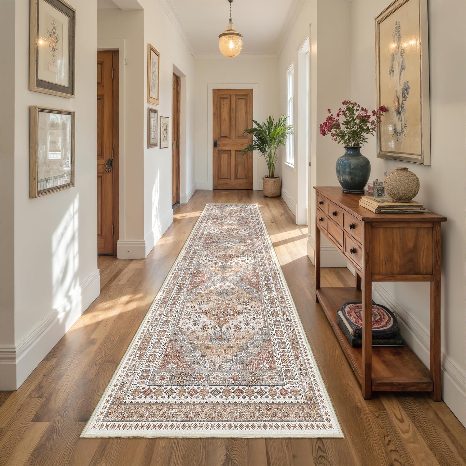 Runner Rug 2x10, Ultra-Thin Kitchen Rugs Non Slip Washable Rugs for Entryway Rug, Kitchen Runner Low Pile Vintage Soft Carpets for Living Room, Bathroom Bedroom (Orange,2'x10')