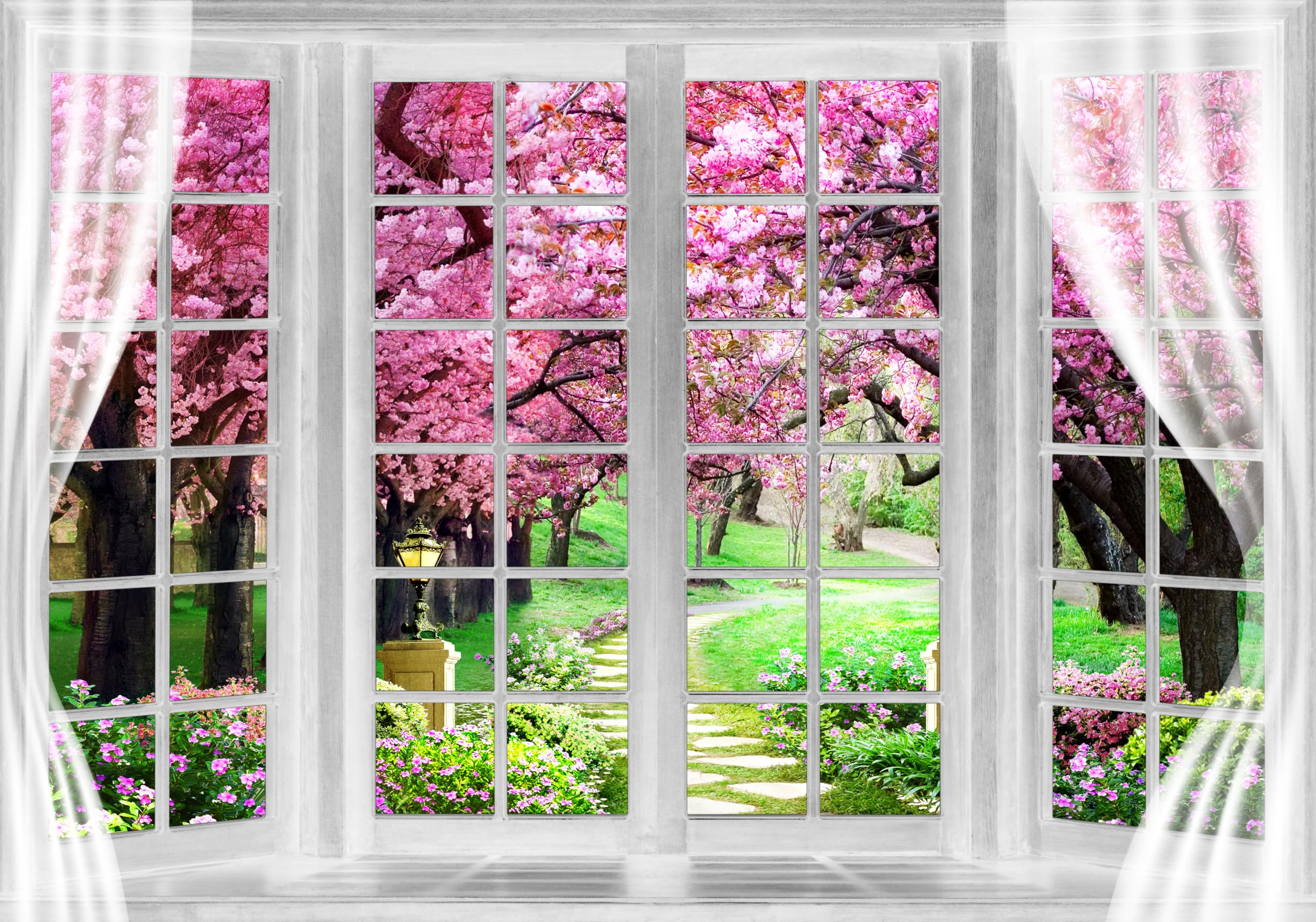 Cherry Blossom Backdrop 8 x 6 ft Pink Spring Window Scenery Valentine Phoography Background Garden Flower Tree Backdrop Polyester Banner for Baby Shower Birthday Wedding Photo Shoot Decoration