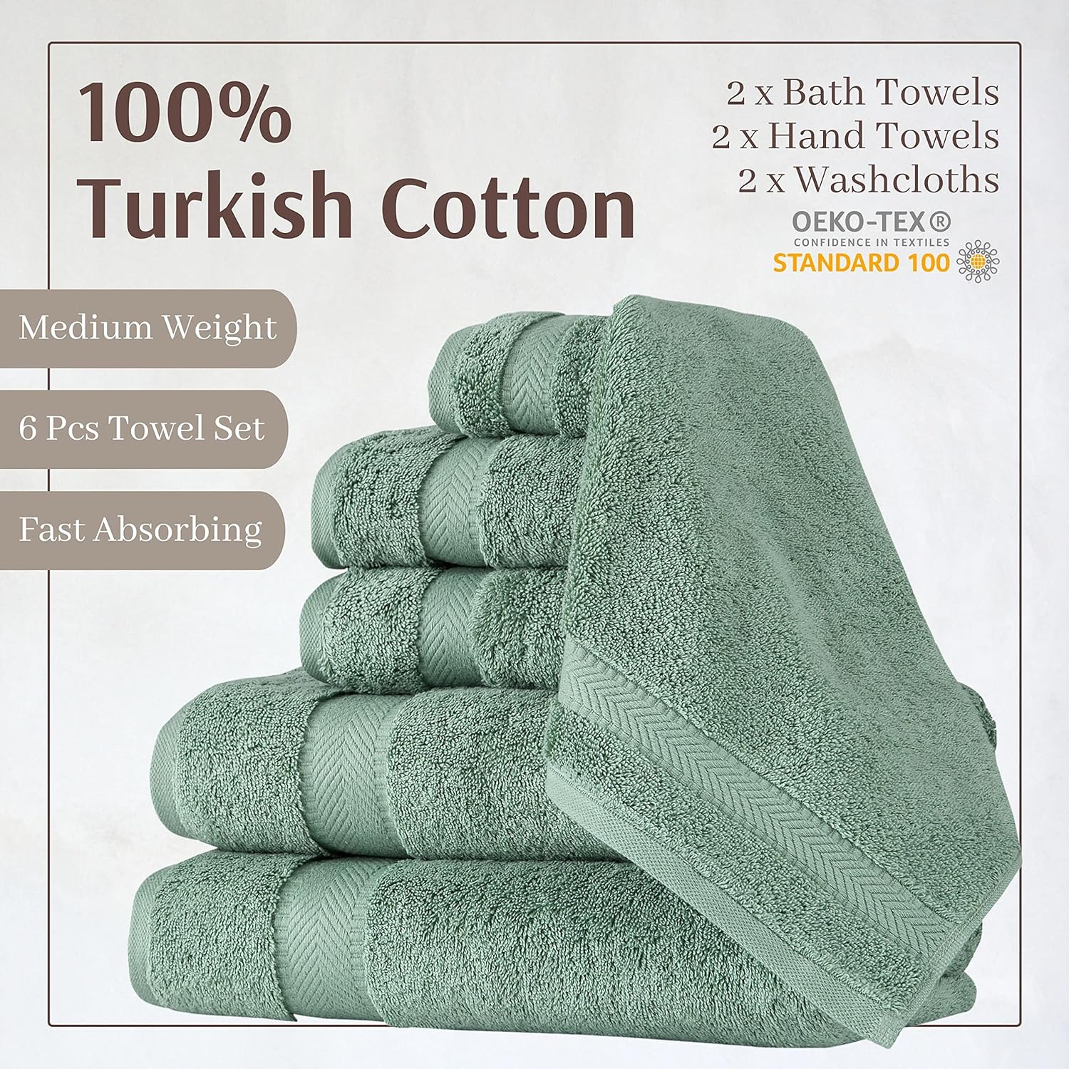 TEXTILOM 100% Turkish Cotton 6 Pcs Bath Towel Set, Luxury Bath Towels for Bathroom, Soft & Absorbent Bathroom Towels Set ( 2 Bath Towels, 2 Hand Towels, 2 Washcloths )- Green : Home & Kitchen