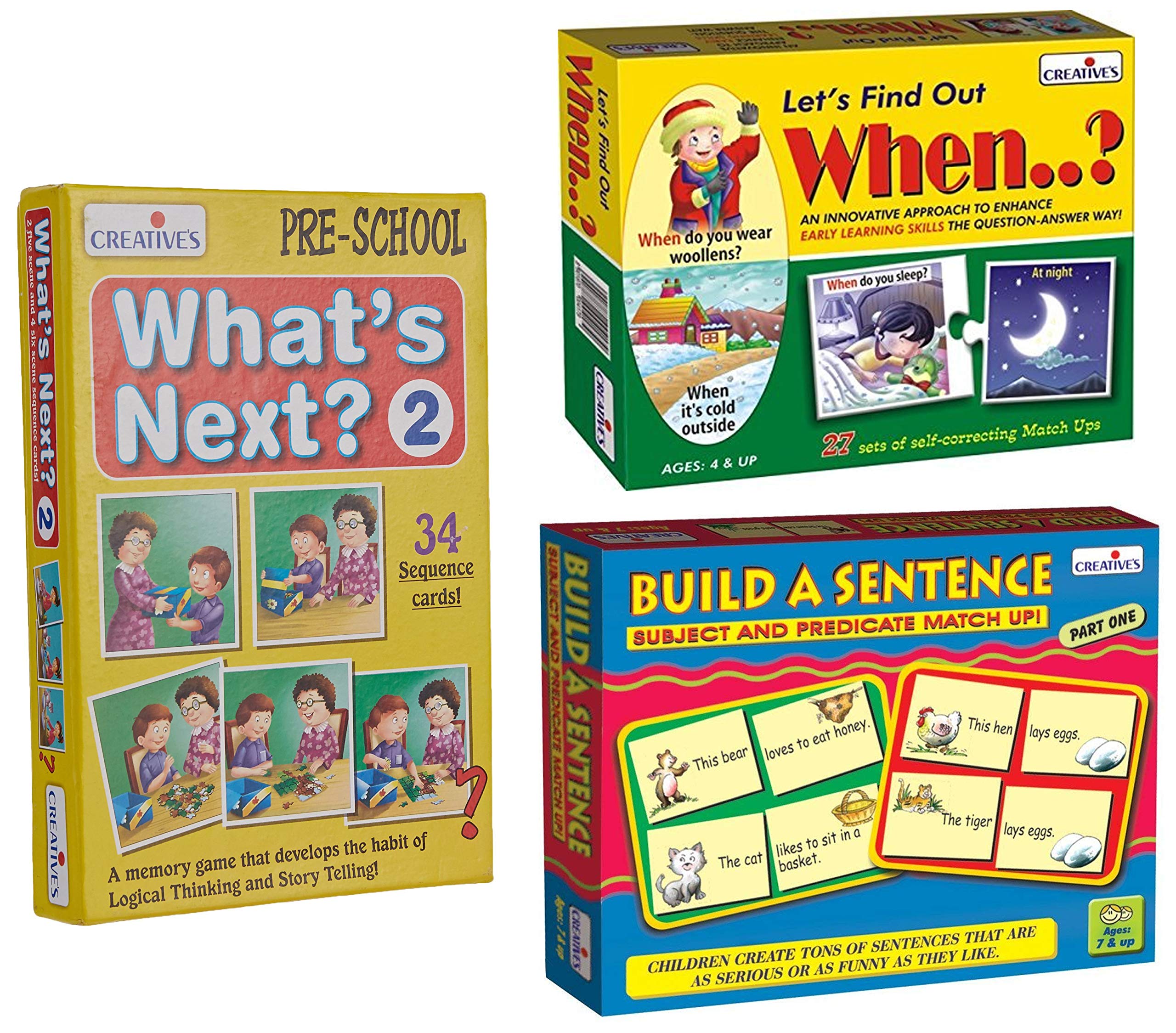 Creative Educational Aids P. Ltd. - CRE0687 Build A Sentence - 1 Card Game (Multi-Color, 60 Pieces)|CRE1014 Let's Find Out When Puzzle (Multi-Color)|What's Next - 2 Card Game