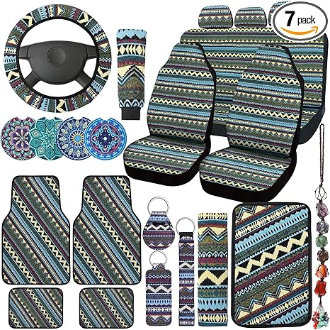 Frienda Baja Car Seat Covers Full Set Multicolor Stripe Covers Boho Print Steering Wheel Cover Seat Belt Cover Crystal Hanging Ornament Holders Fits for Car (Fresh Style)