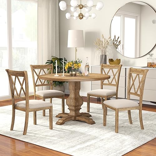 Roundhill Furniture Havre - Juego de comedor de 5 piezas, mesa redonda de pedestal con 4 sillas elegantes, roble