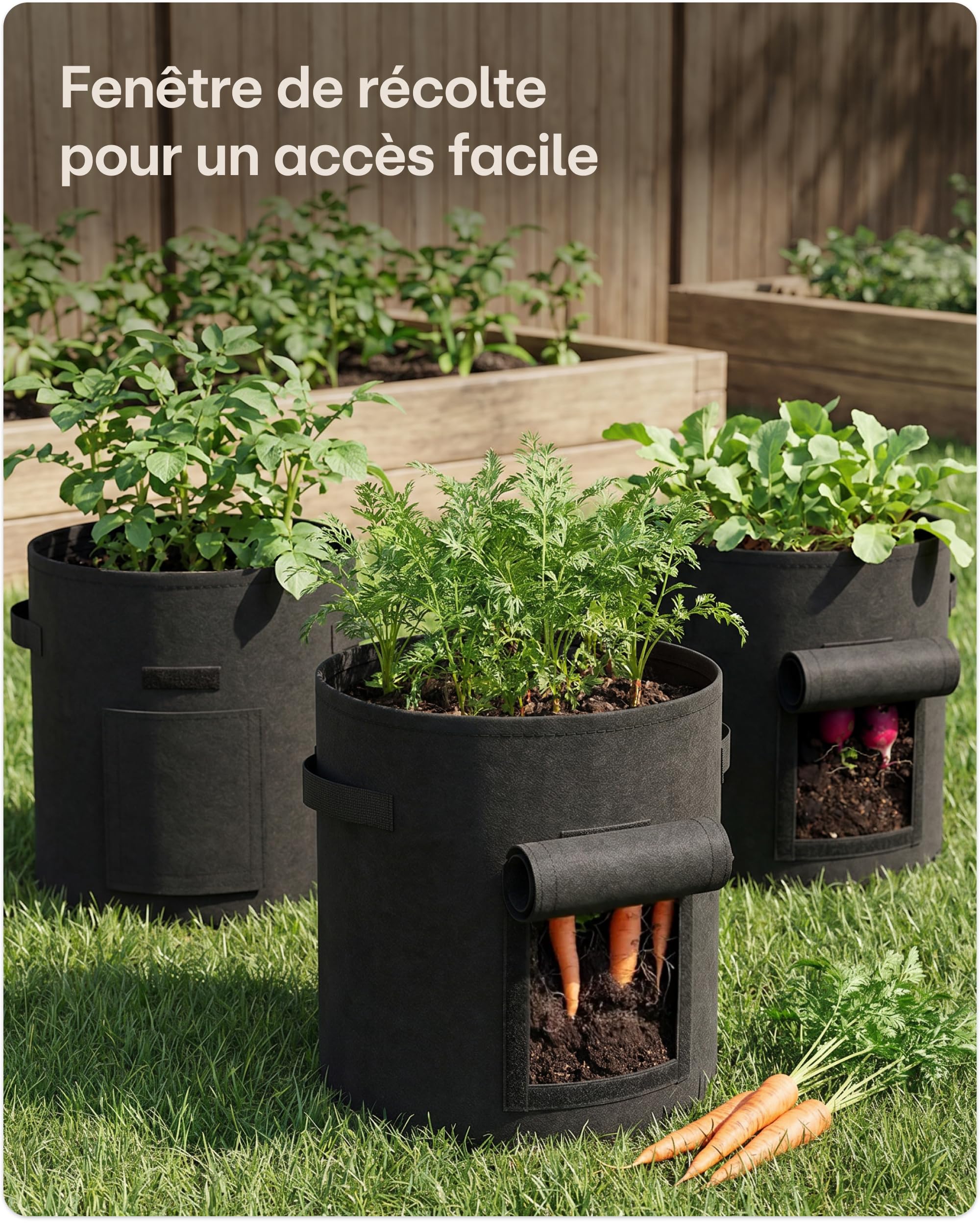 Praknu Sac de Plantation de Pommes de Terre - 3 Sacs à Plantes Grand 40L - avec Fenêtre et Étiquettes - Perméables - Lavables et Pliables