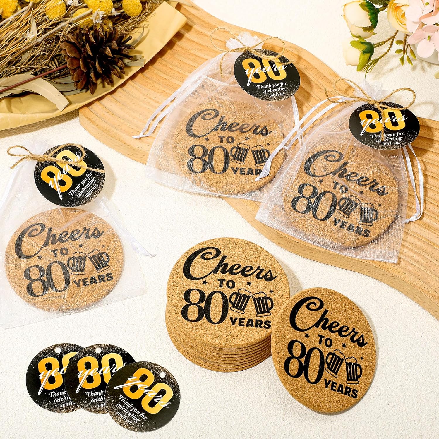 Sieral 50 Sets 80th Birthday Party Favors Cheers to 80 Years Cork Coaster Absorbent Cork Mat with Cards and Organza Gift Bags Birthday Anniversary Decoration Favors for Guests - Image 5