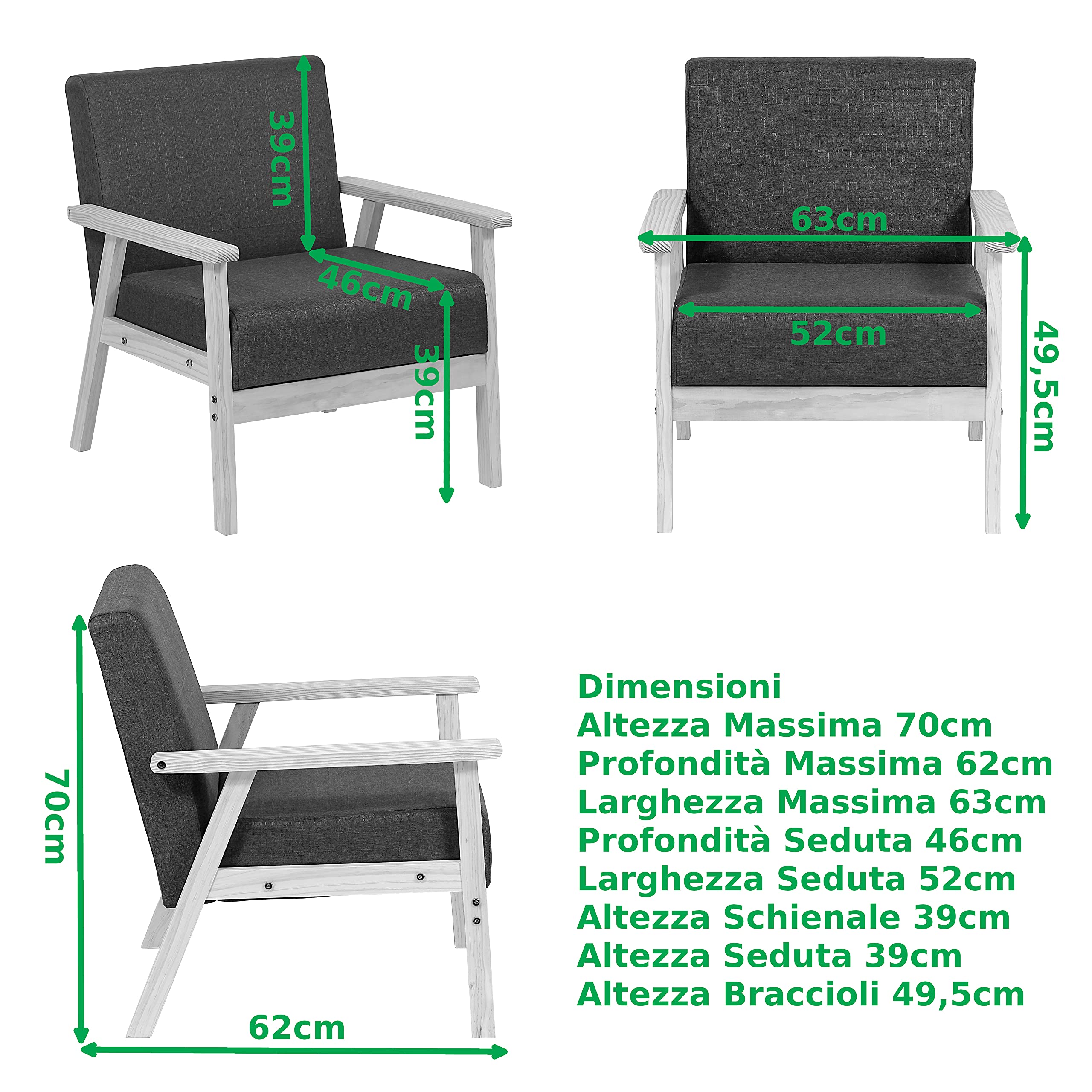 Totò Piccinni Poltrona WOOD con struttura in legno di abete naturale non trattata (Marrone, Poltrona)