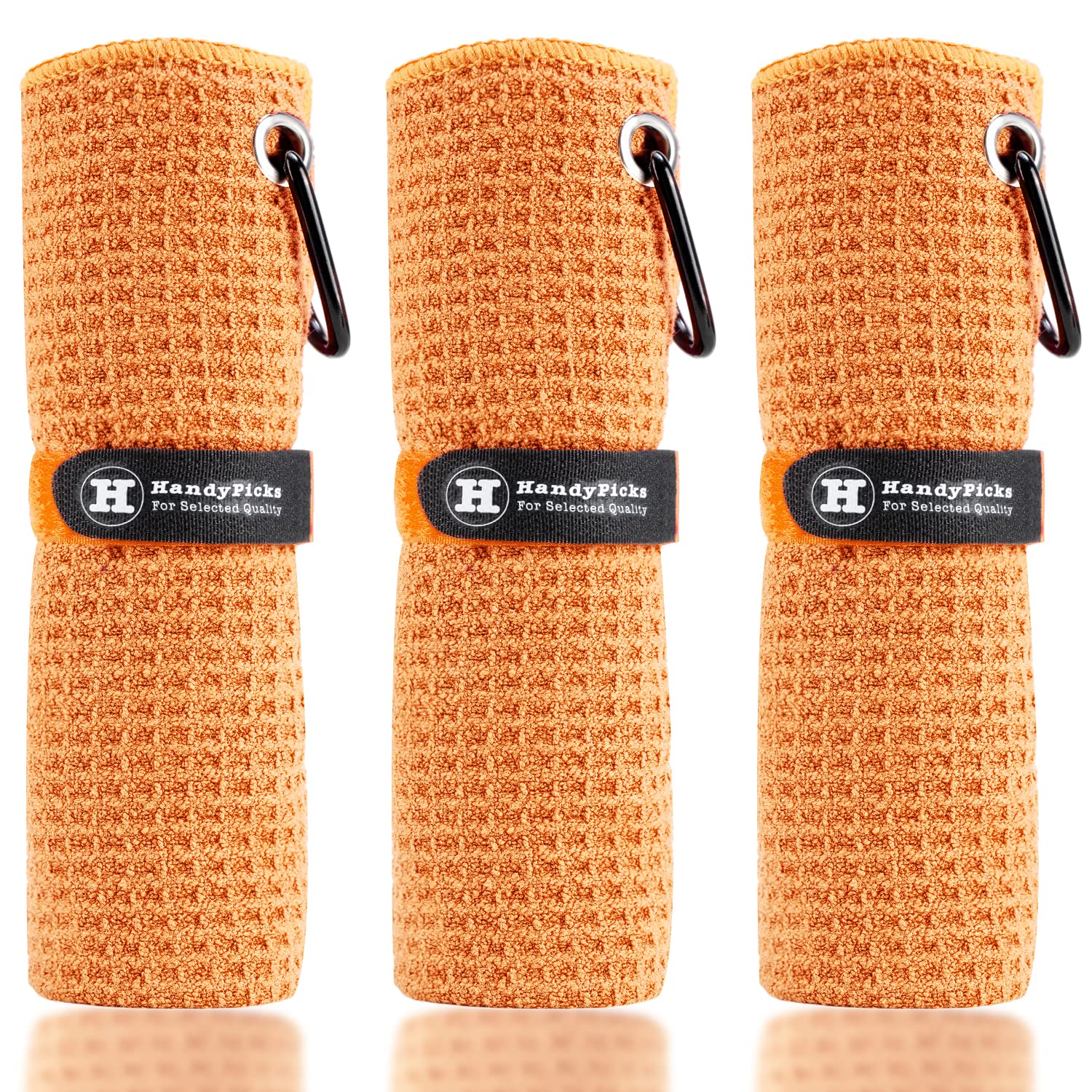 Handy Picks Microfiber Golf Towel (16" X 16") with Carabiner Clip, Waffle Pattern Golf Towel Hook and Loop Fastener - The Convenient Golf Cleaning Towel Orange