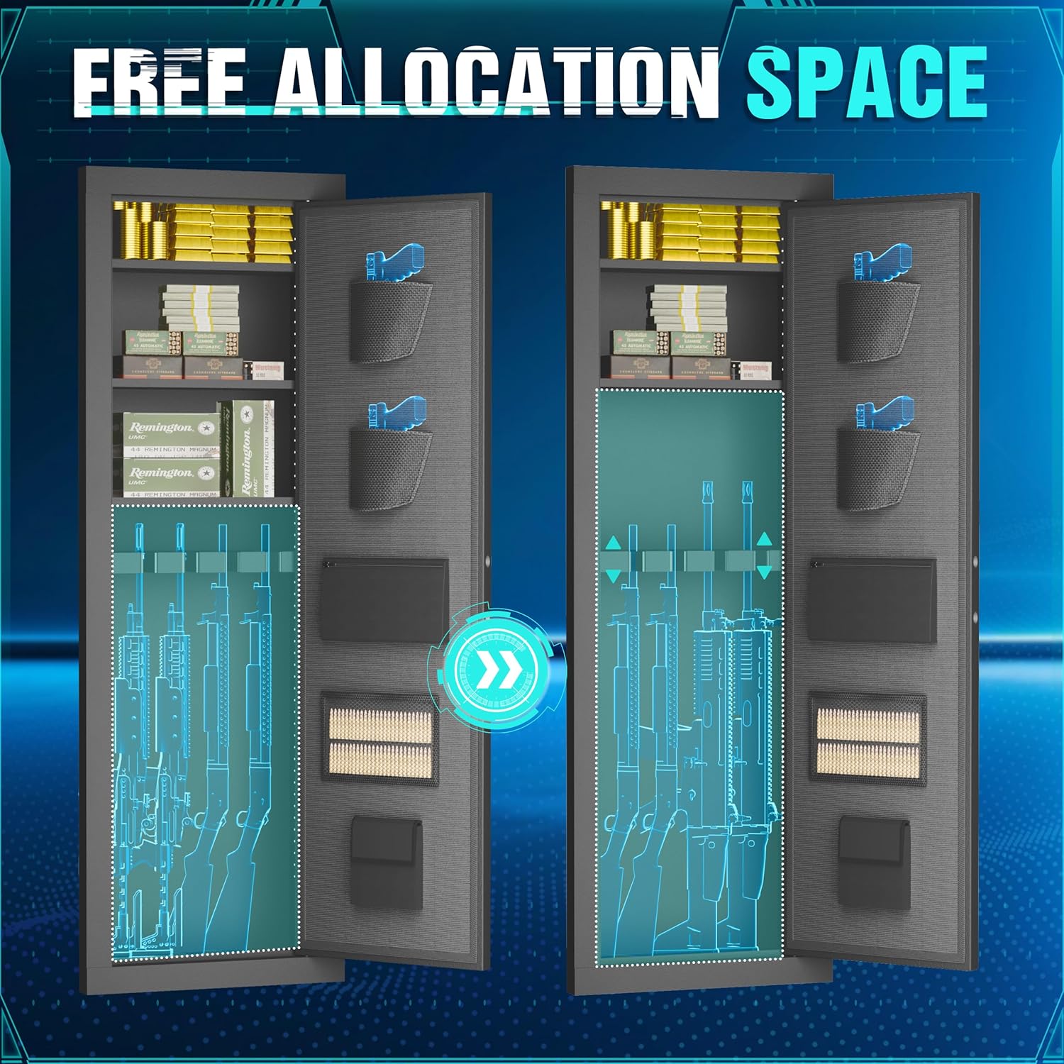 Image demonstrating the adjustable shelves feature, showing how the internal layout can be customized to accommodate different items.