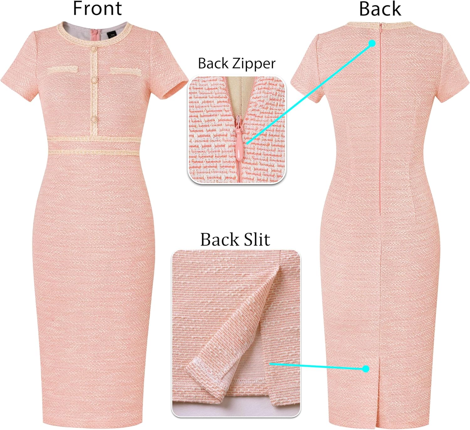 VFSHOW Womens Crew Neck Button Business Work Office Bodycon Dress Short Sleeve Patchwork Tweed Trim Party Pencil Sheath Dress