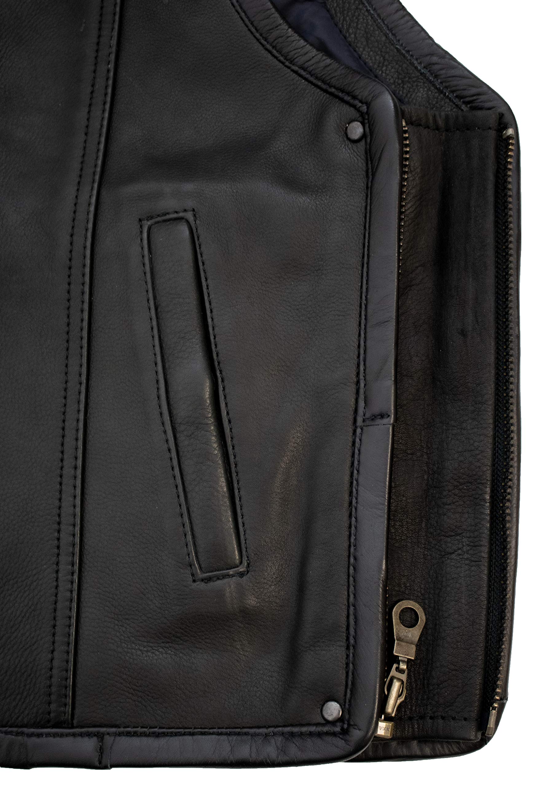 Gilet moto uomo in vero cuoio nappa bovina 1,2 mm – Gilet biker senza colletto con cerniera, tasche interne ed esterne, lati espandibili con zip, Nero