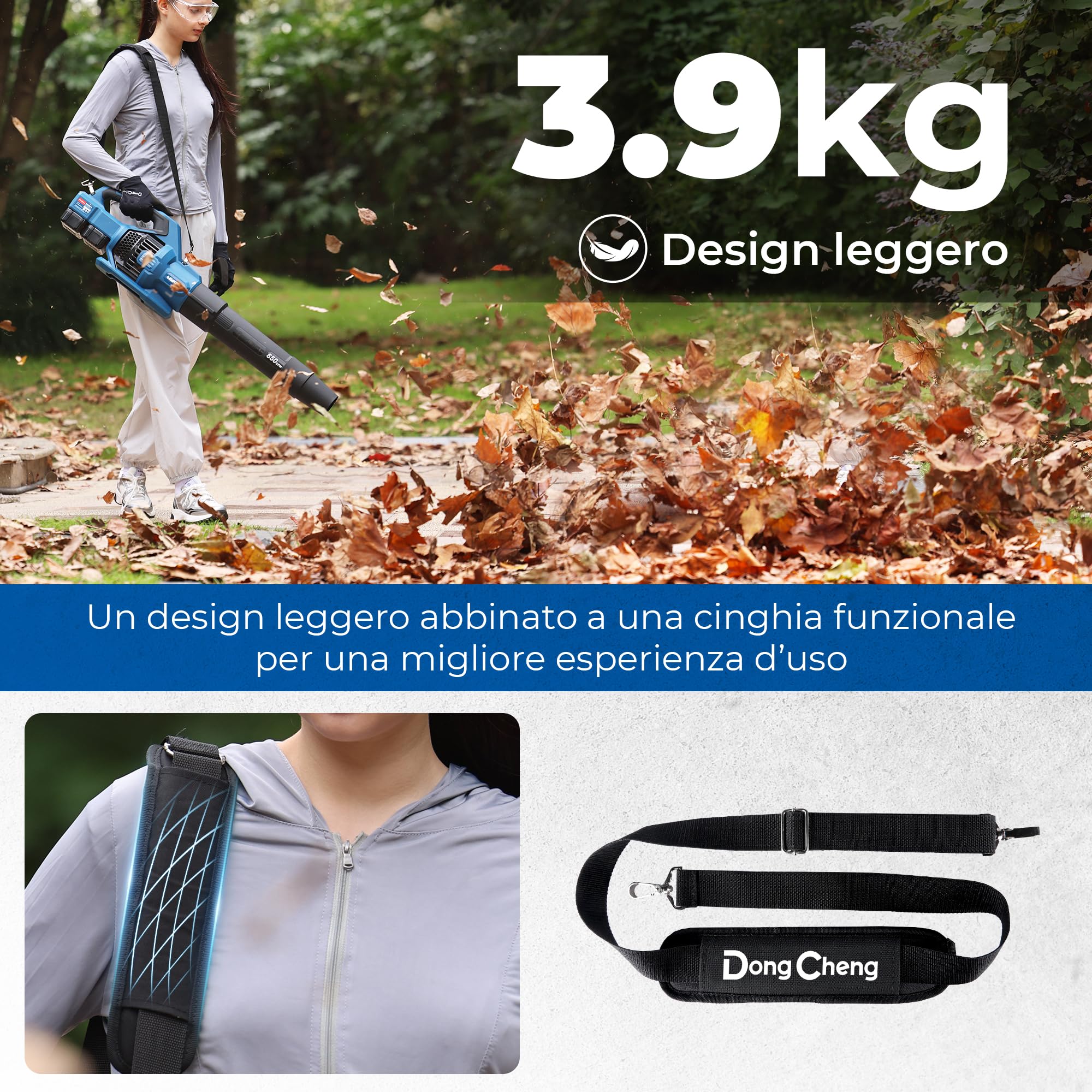 Dong Cheng Soffiatore a batteria 2x20 V, tecnologia a turbina, cambio continuo con 3 ugelli, batteria da 4 Ah e caricabatterie, per foglie di massa e rifiuti ostinati in giardini, su strade e