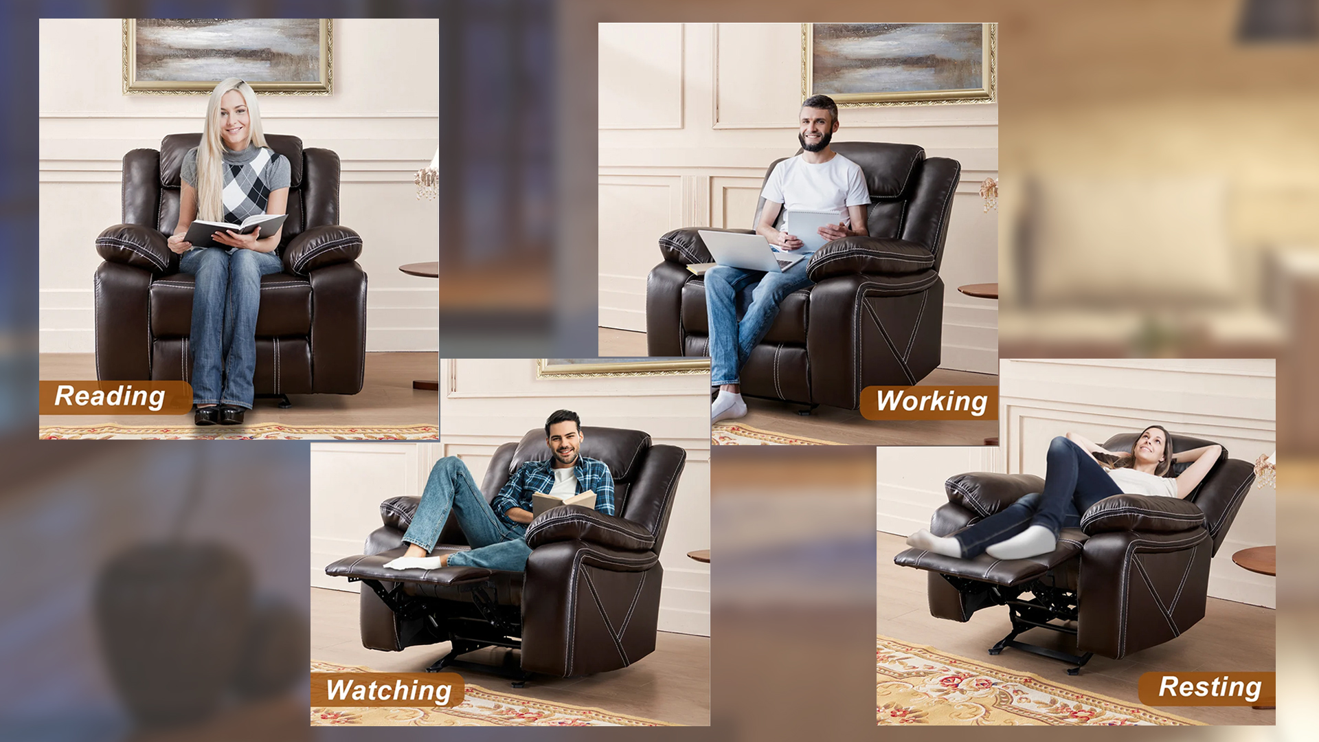 Sillón reclinable de cuero sintético marrón miniatura 7