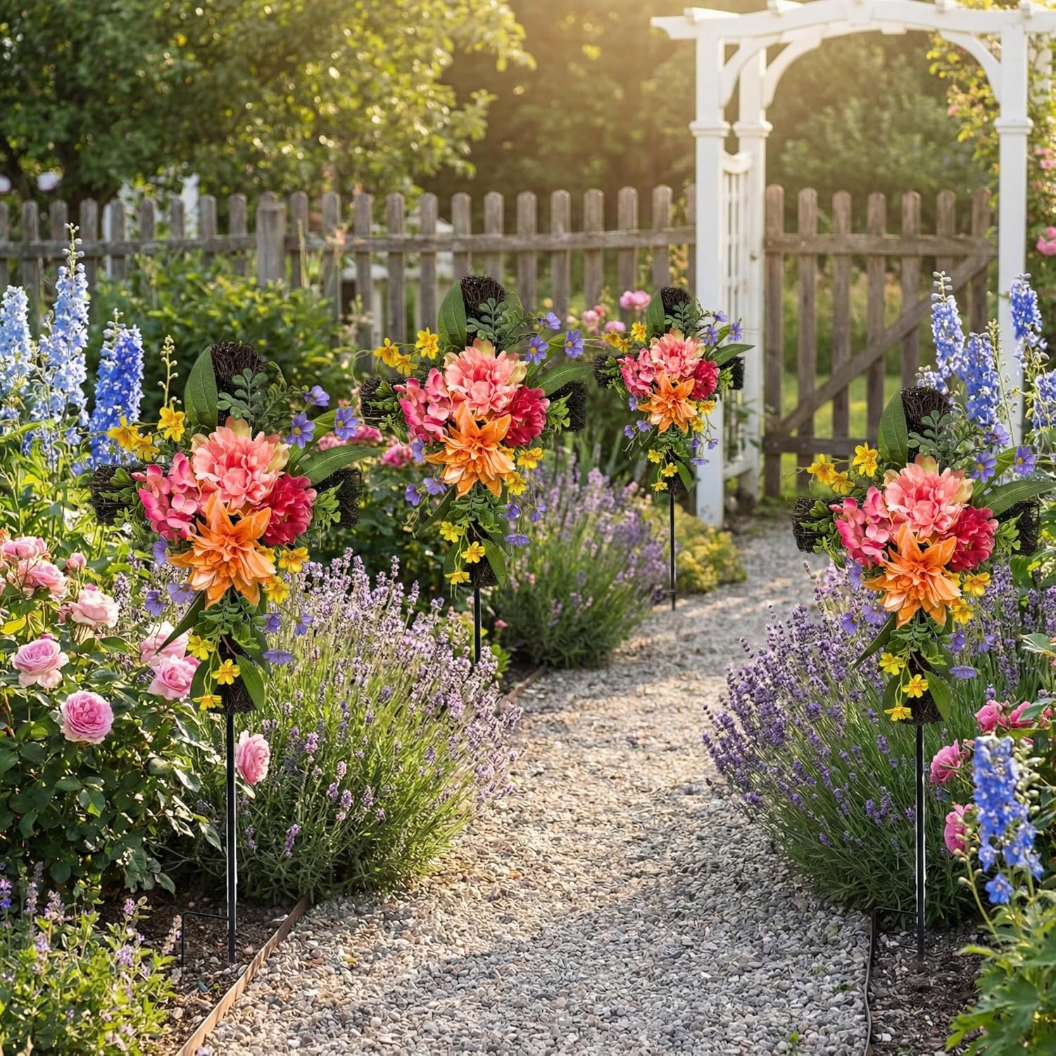 32 Inch Solar Cross Stake Spring Summer Lighted Cemetery Stake with Peonies Dahlias Colorful Wildflowers for Garden Cemetery Memorial Gravesite