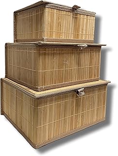 Cflagrant® Lot de 3 Boites/Paniers de Rangement en Bambou intérieur en Tissus (3 boites avec couvercles)