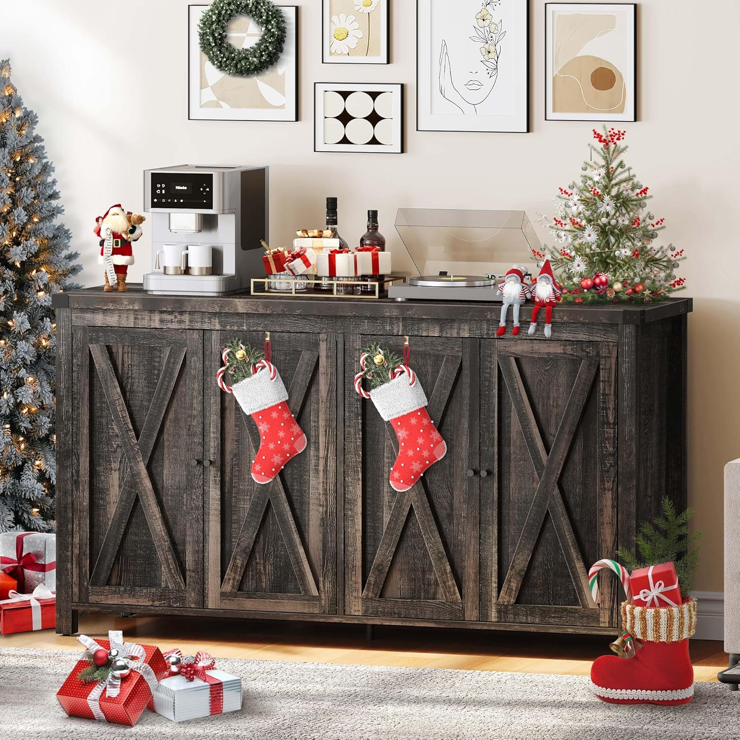 YITAHOME Farmhouse Sideboard Buffet Cabinet with Storage with 4 Doors, 55'' Large Kitchen Storage Cabinet, Wood Coffee Bar Cabinet with Adjustable Shelf for Kitchen, Living Room, Dark Oak Dark Rustic Oak