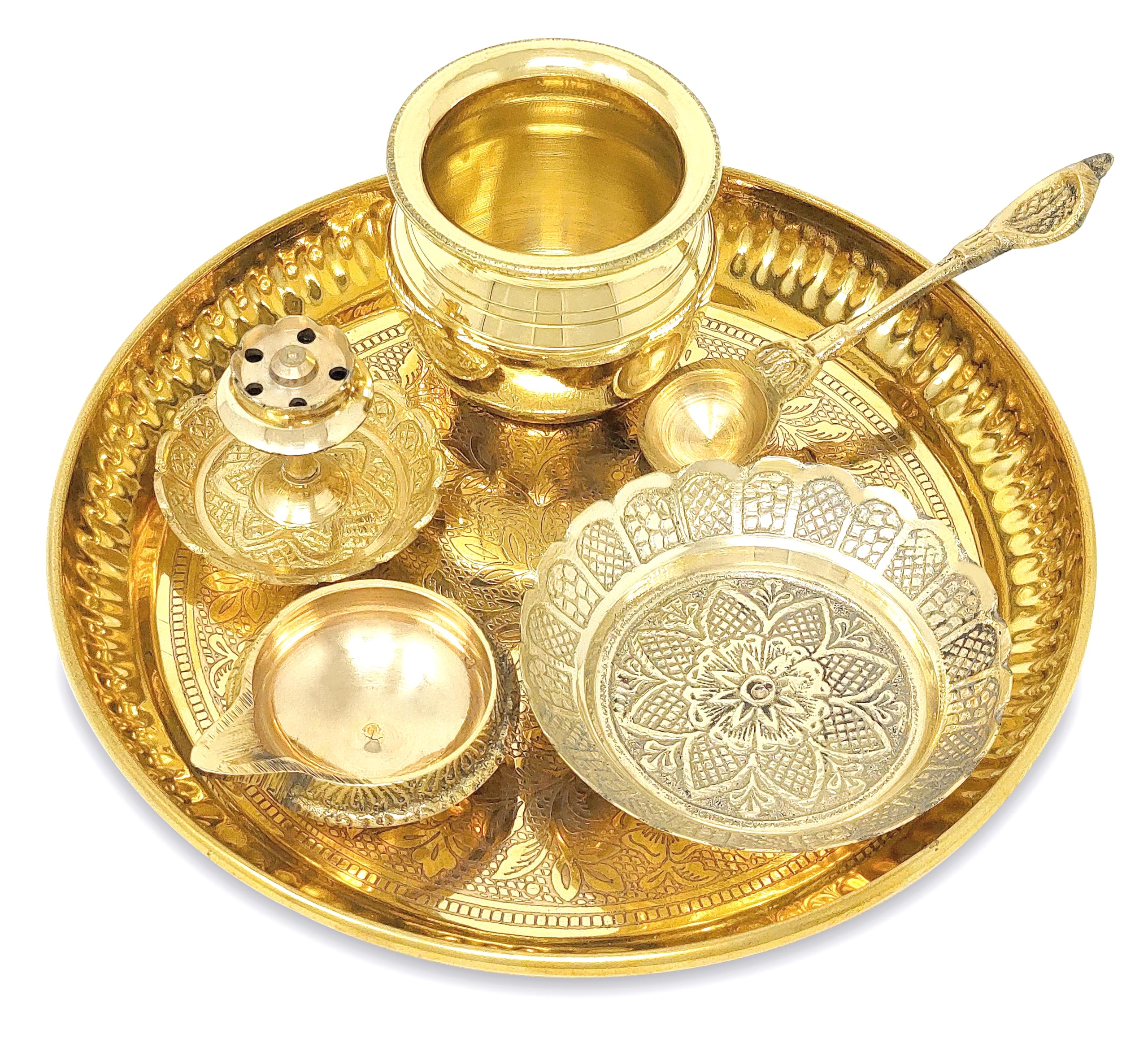 Brass Pooja Thali Set 6 Inch Puja Thali with Pital Plate Kalash Kuber Diya Dhup Dan Palli Kangura Plate Arti Thali for Diwali Home Office Mandir Wedding Return Gift Items