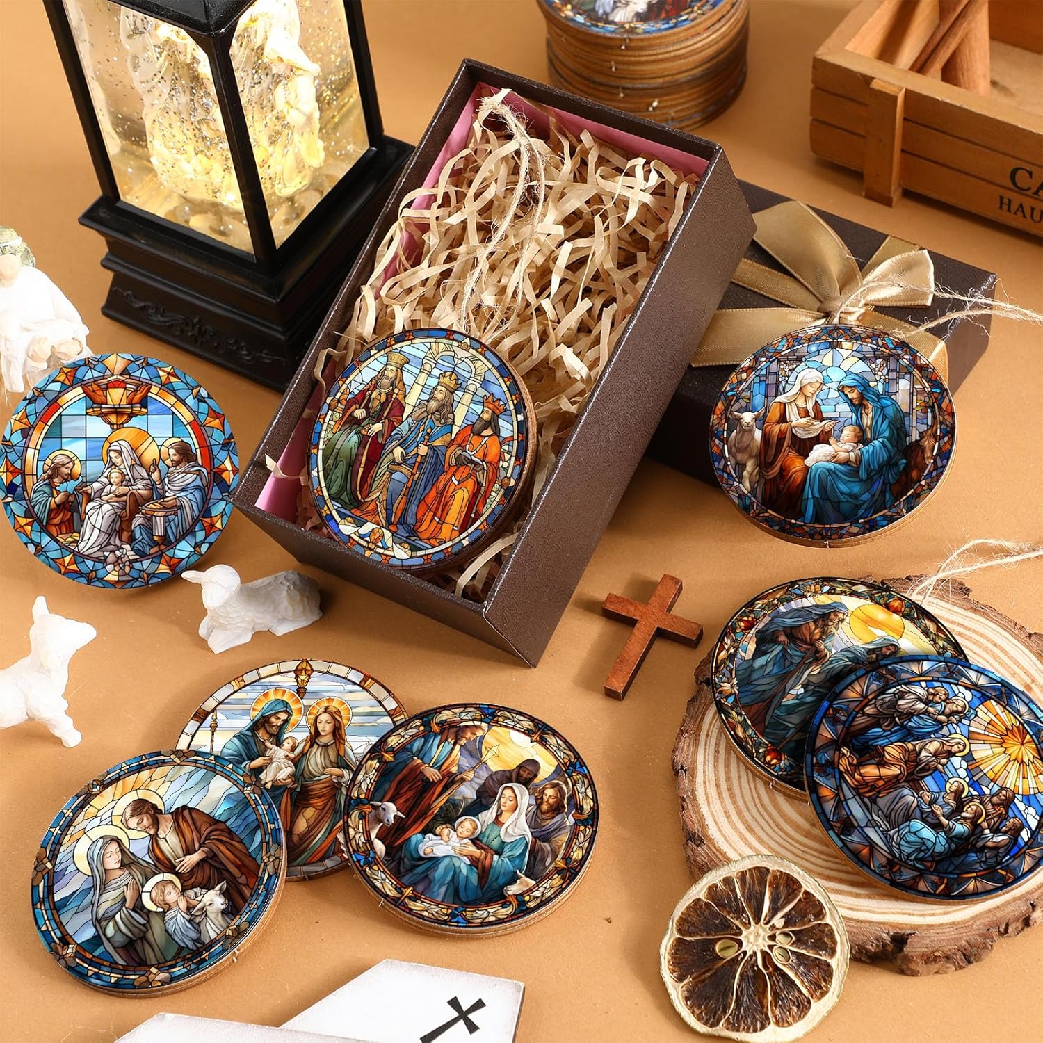 BBTO 16 Pcs Christmas Nativity Scene Ornaments Round Shape Religious Wooden Hanging 3D Ornament The Birth of Jesus Christian Christmas Painting Decorations for Tree Christian Gifts - Image 2
