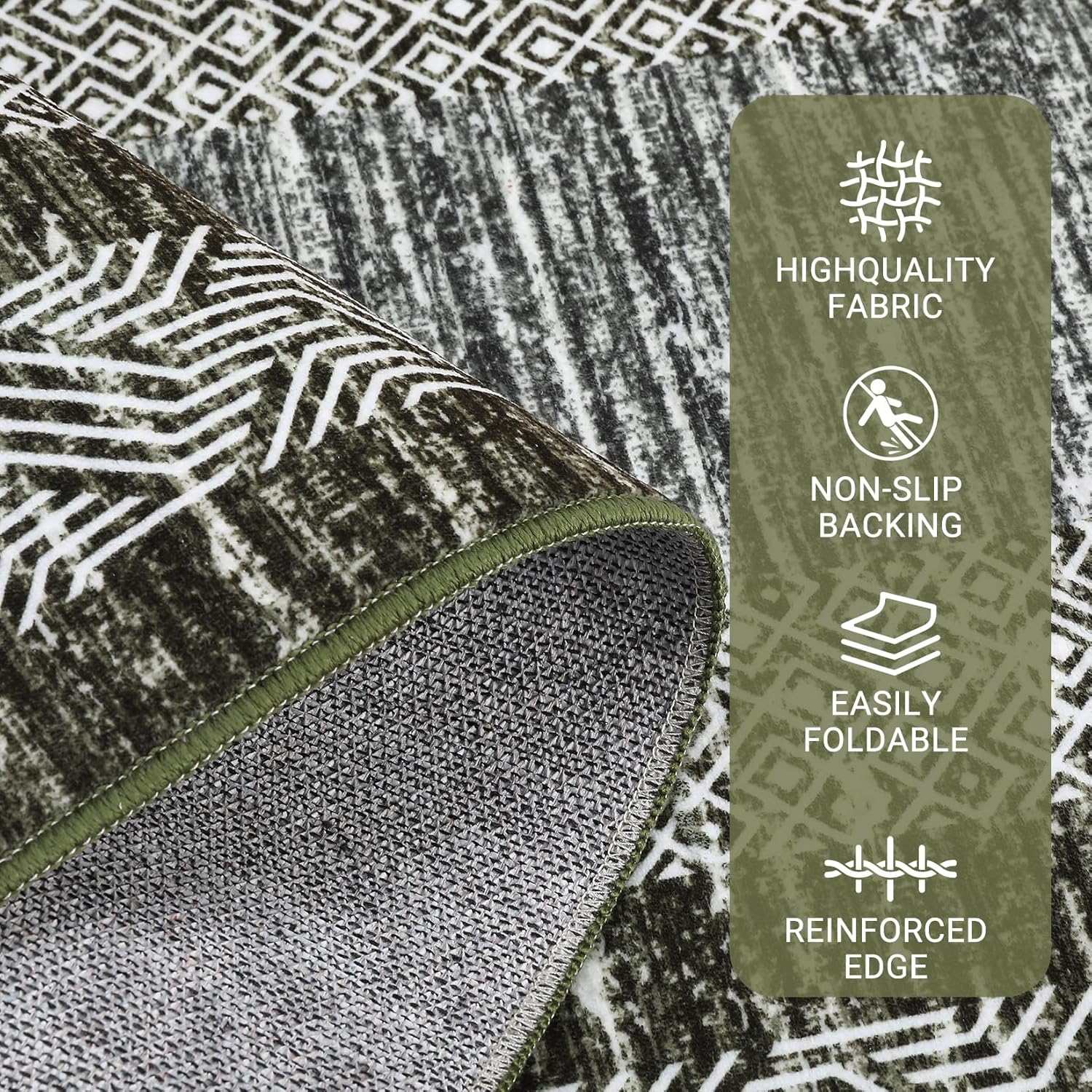 GarveeHome 2x6 Modern Bordered Runner Rug Soft Non Slip Runner Washable Non Shedding Floor Carpet, Distressed Geometric Hallway Runner, Indoor Printed Runner for Kitchen, Entrance, Green