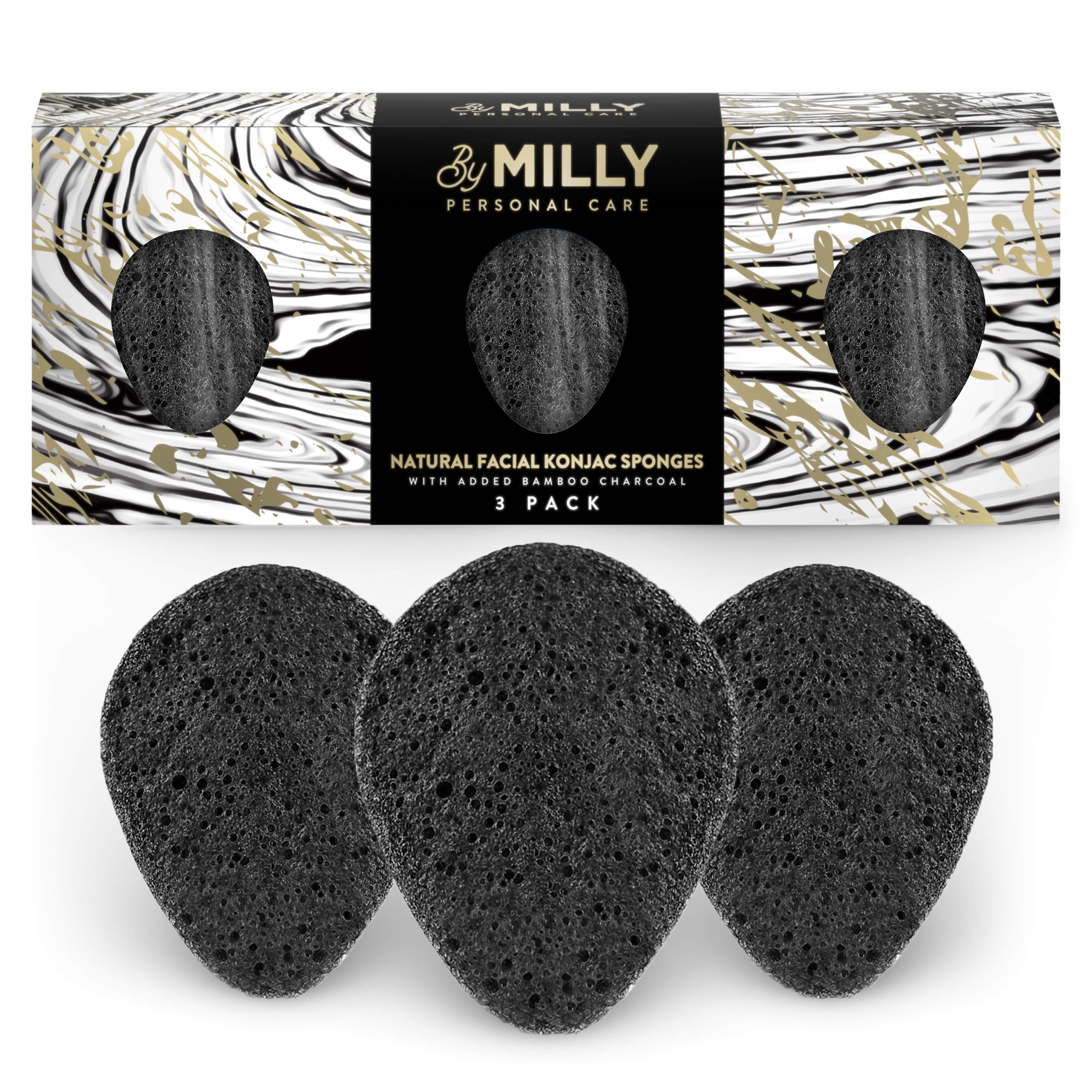 Konjac Sponge for Face | All Natural and Reusable | Konjac Facial Sponge with Activated Bamboo Charcoal | Gentle Exfoliating Sponge for Face | Cleaning for All Skin Types | Biodegradable - Black, 3pcs