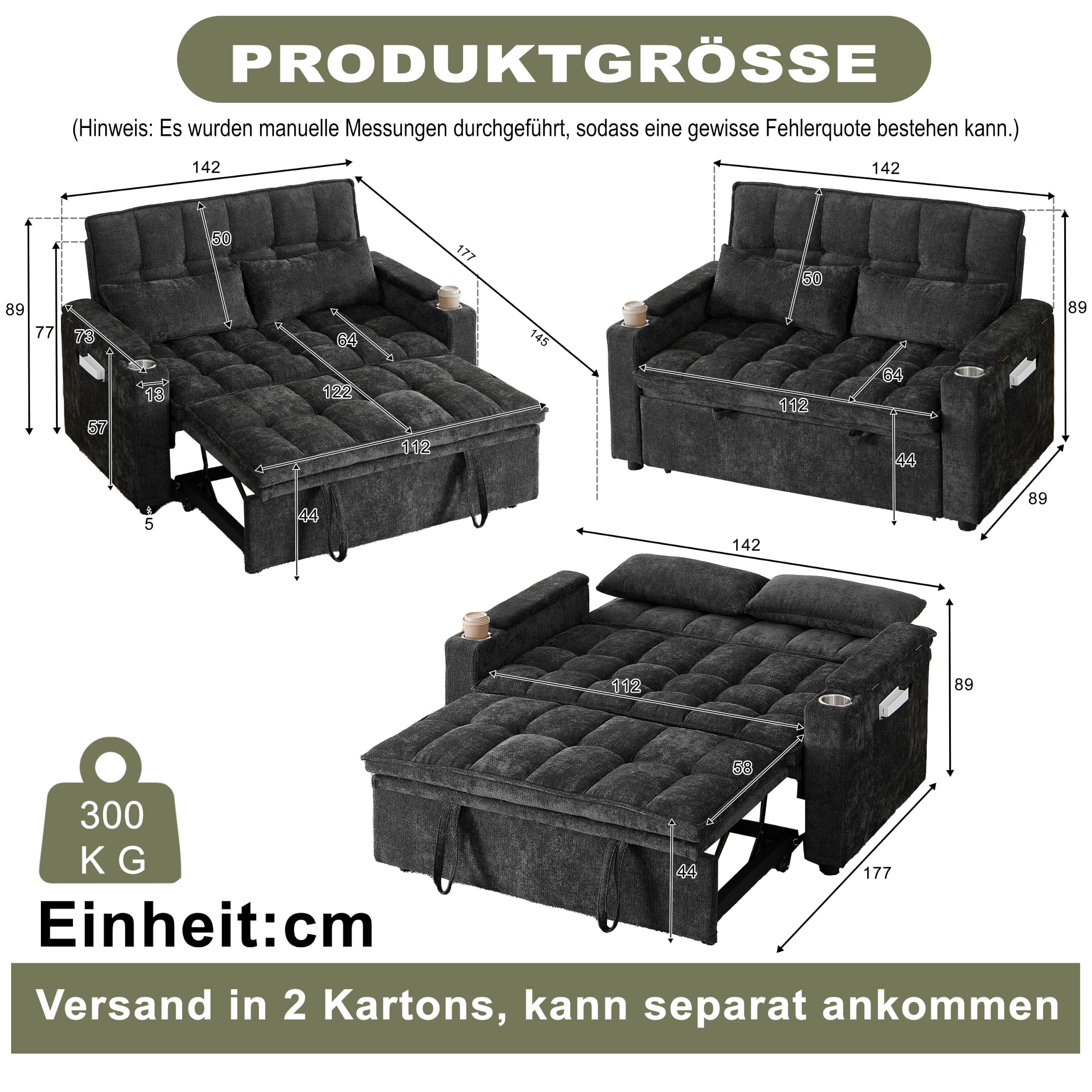 Canapé Convertible 2Places 3-en-1,Canapé Convertible Express 142cm