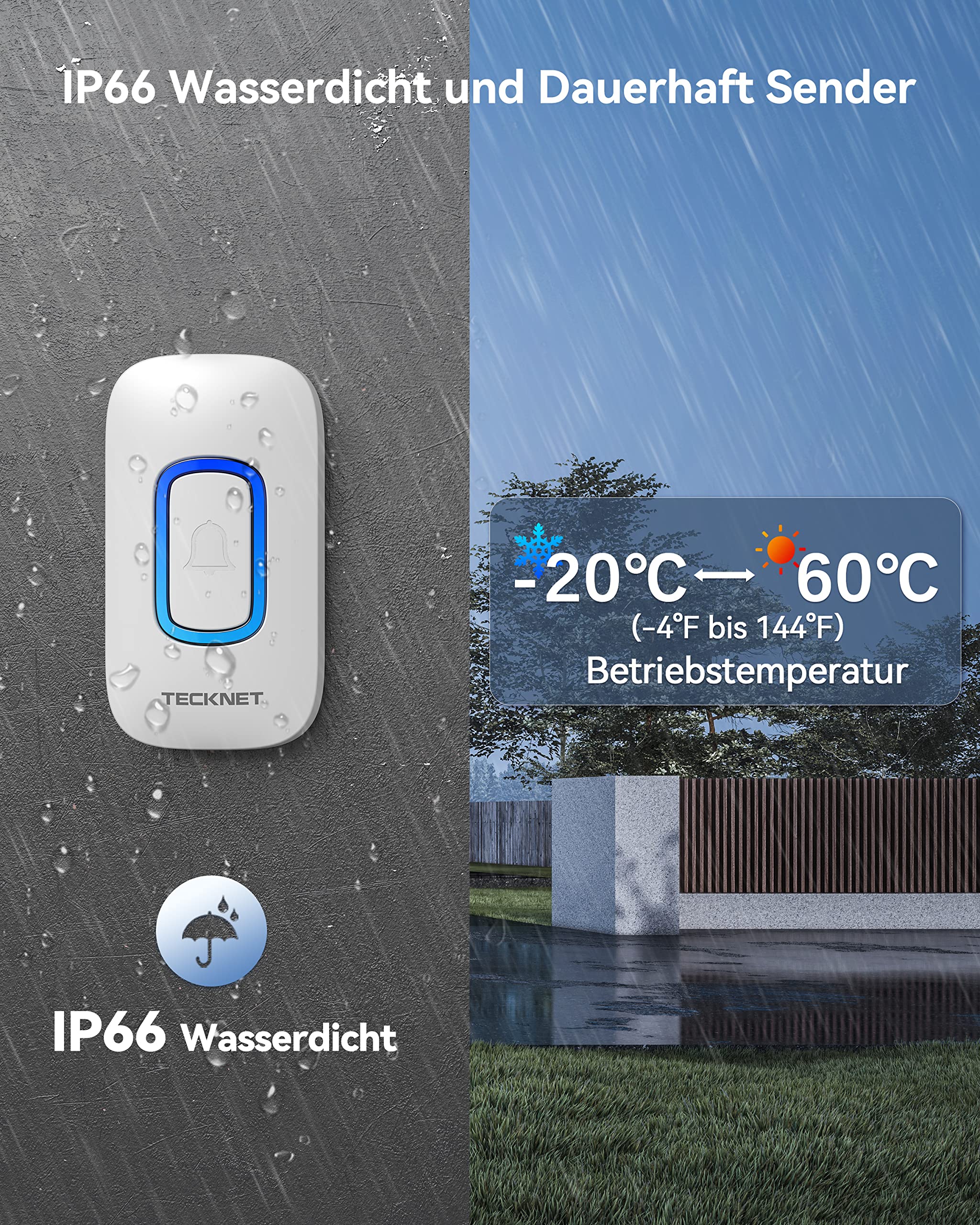 TECKNET Draadloze deurbel voor buiten, waterdicht, 60 beltonen, RGB