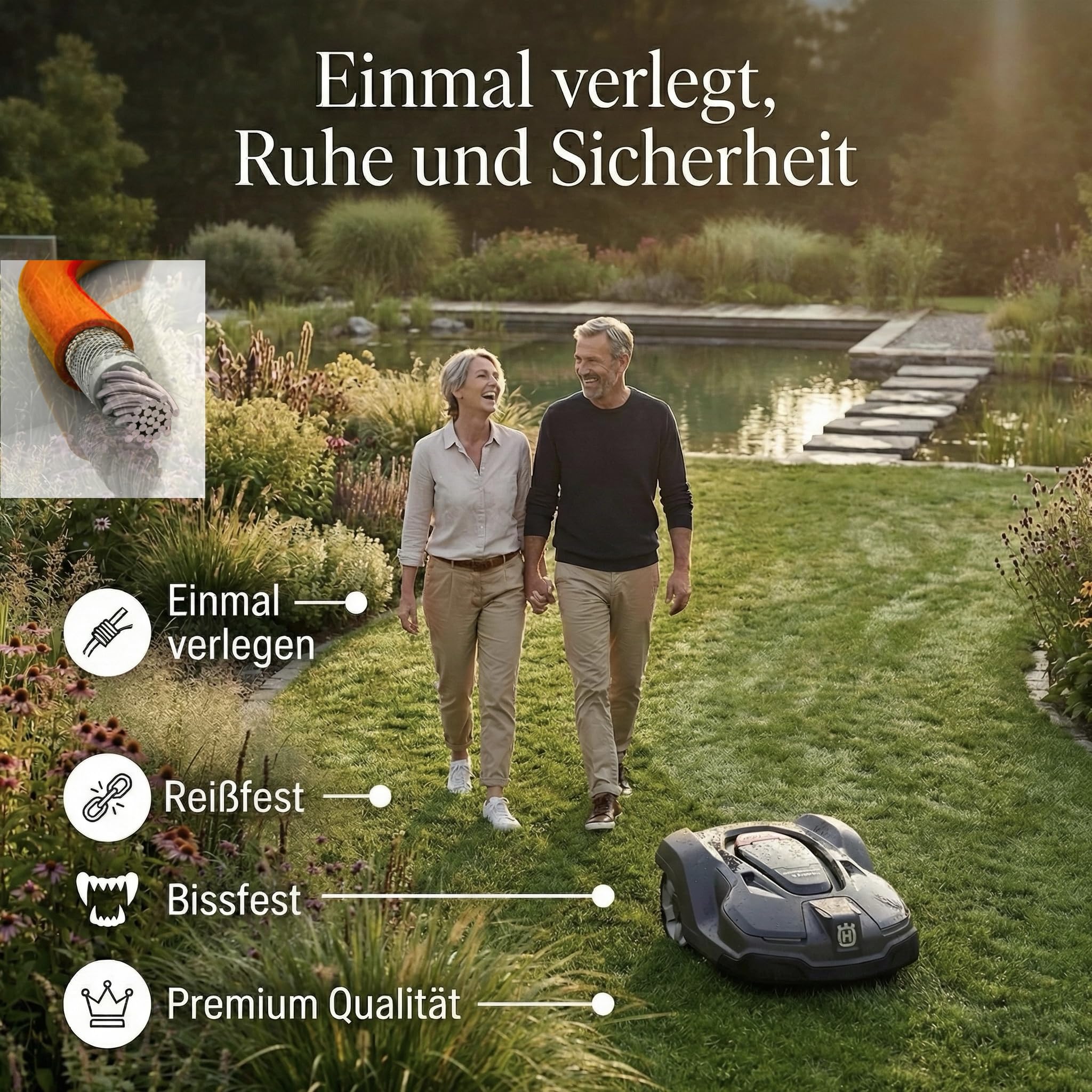 EdenGardens Mähroboter Begrenzungskabel 150m Duo Shield 3,4mm Ø EXTRA Strong 4-Schicht Panzerung mit Stahlgeflecht bissfest spatenfest