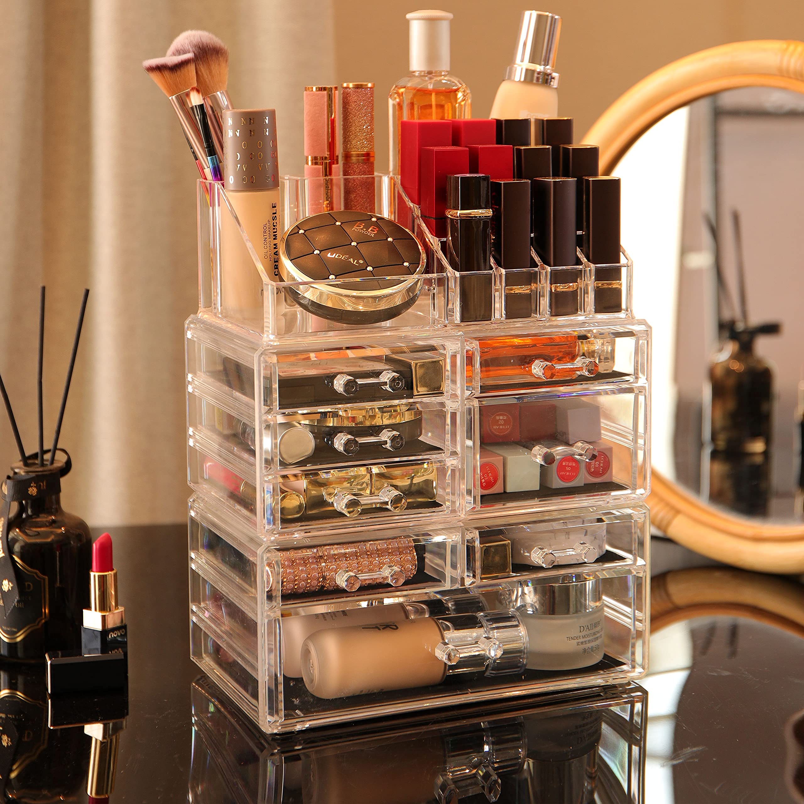 Cq Clear Acrylic Makeup Organizer, 3-Pack Stackable 8-Drawer Vanity Storage