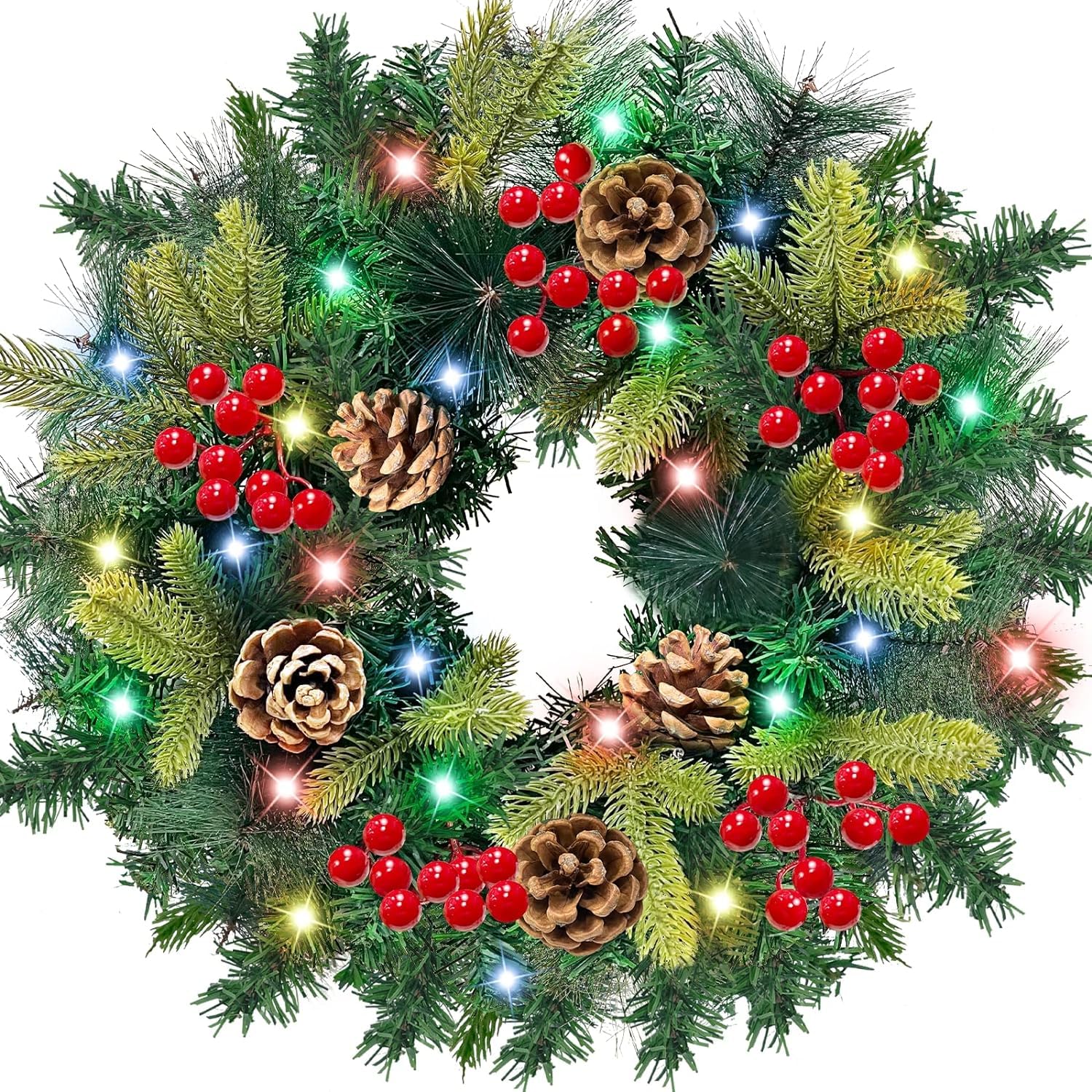 TURNMEON 16 Inch Pre-lit Christmas Wreath with Timer 40 Color Lights 100 Realistic Tips 45 Red Berries 5 Pinecone Christmas Wreath Decorations for Front Door Home Xmas Indoor Outdoor Decor