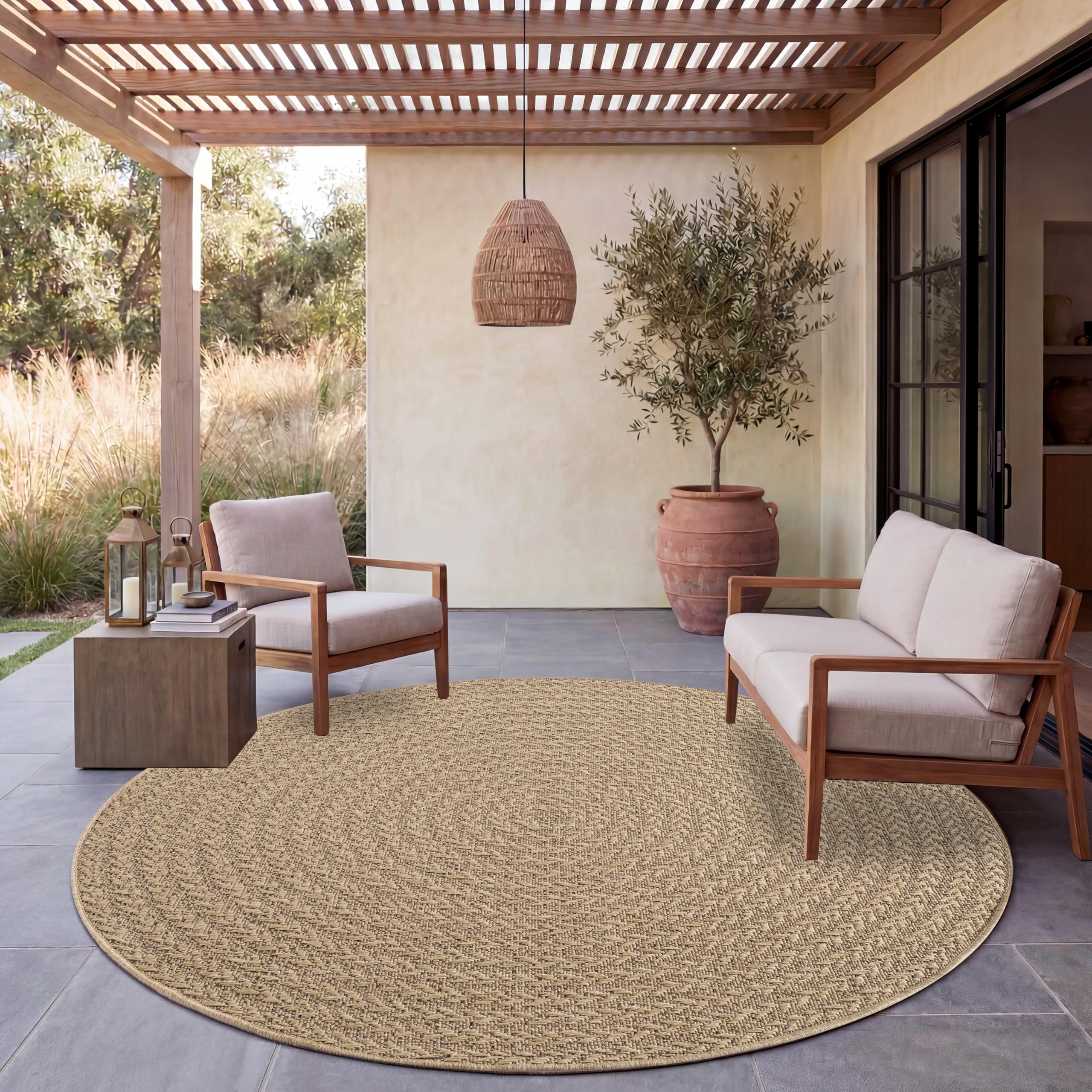 Paco Home Outdoor Rug Weatherproof Balcony Kitchen Rug Living Room Boho Geometric Pattern Sisal Look Solid Color Design Beige, Size:Ø 200 cm round — image 1