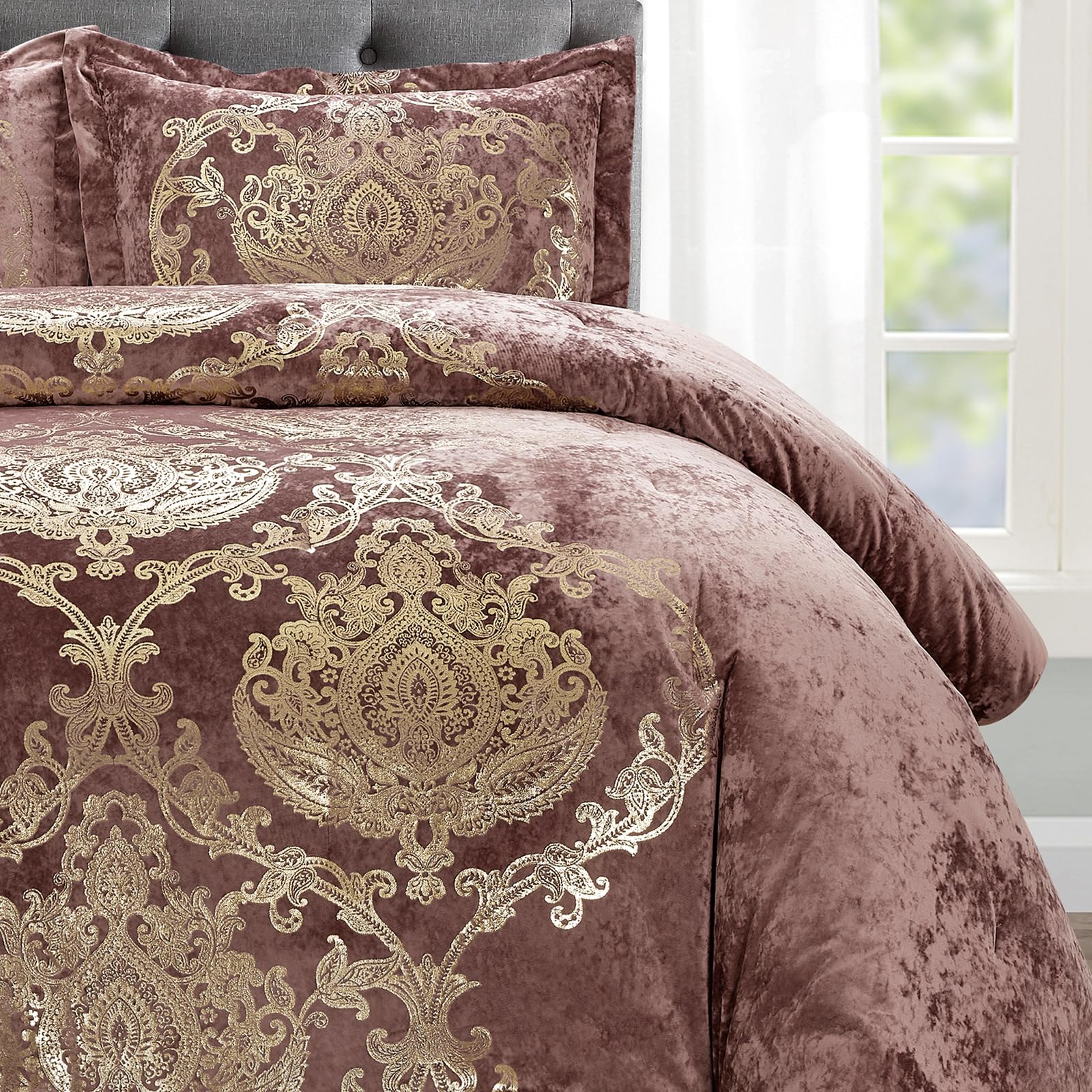 Sunshine Nicole Bettwäsche-Set 5-teilig – Abgenutztes Samt-Design Mit Metallischem Druck, Queen Größe, Gebürstete Mikrofaser – Khaki-Gold