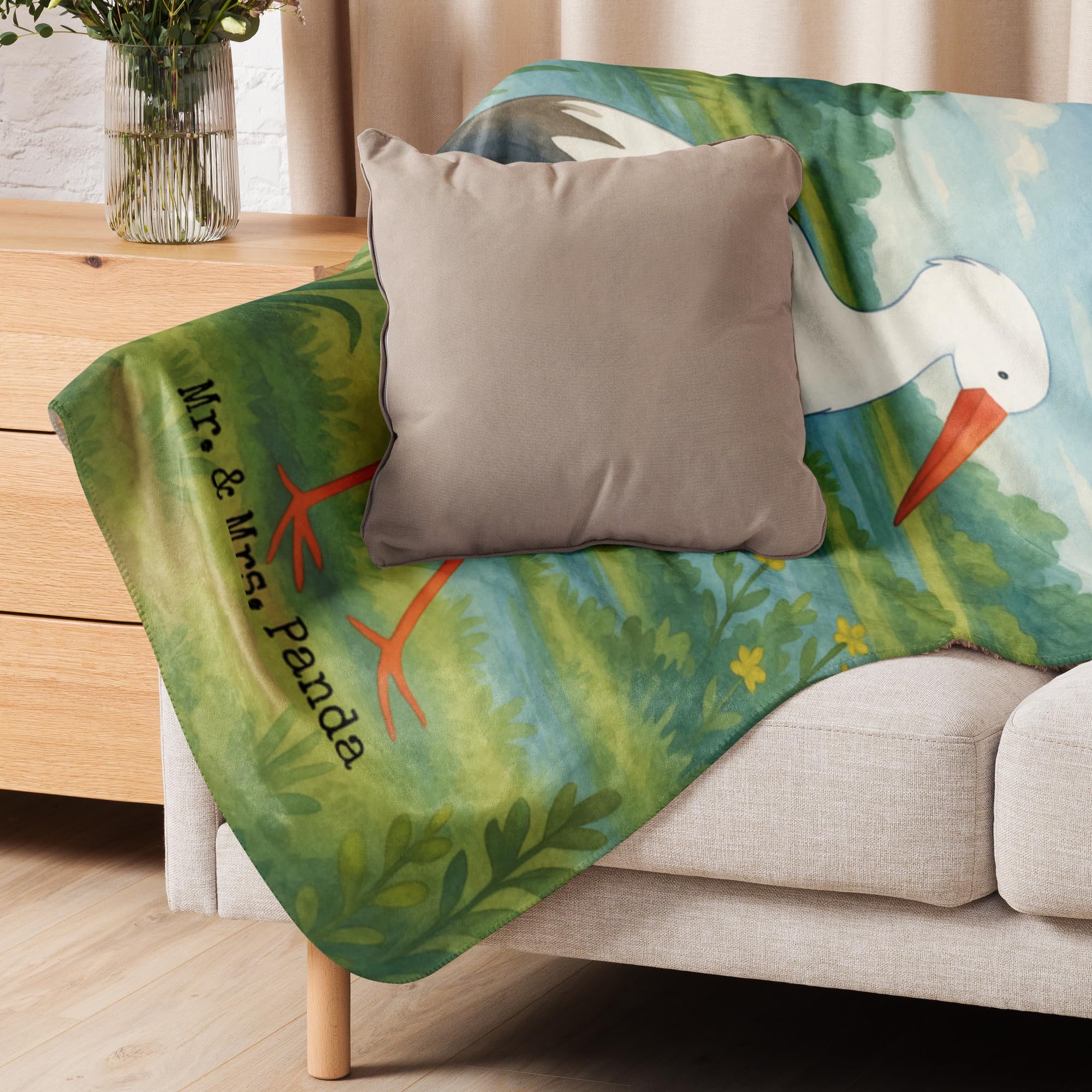 Mr. & Mrs. Panda Heimdecke Storch Design 100 x 150 cm - Geschenk, Sofadecke, Gute Laune, Baby, Mütter, Störche, Decke, Tagesdecke, Wärmedecke, Mutter, Kuscheldecke, Geburt