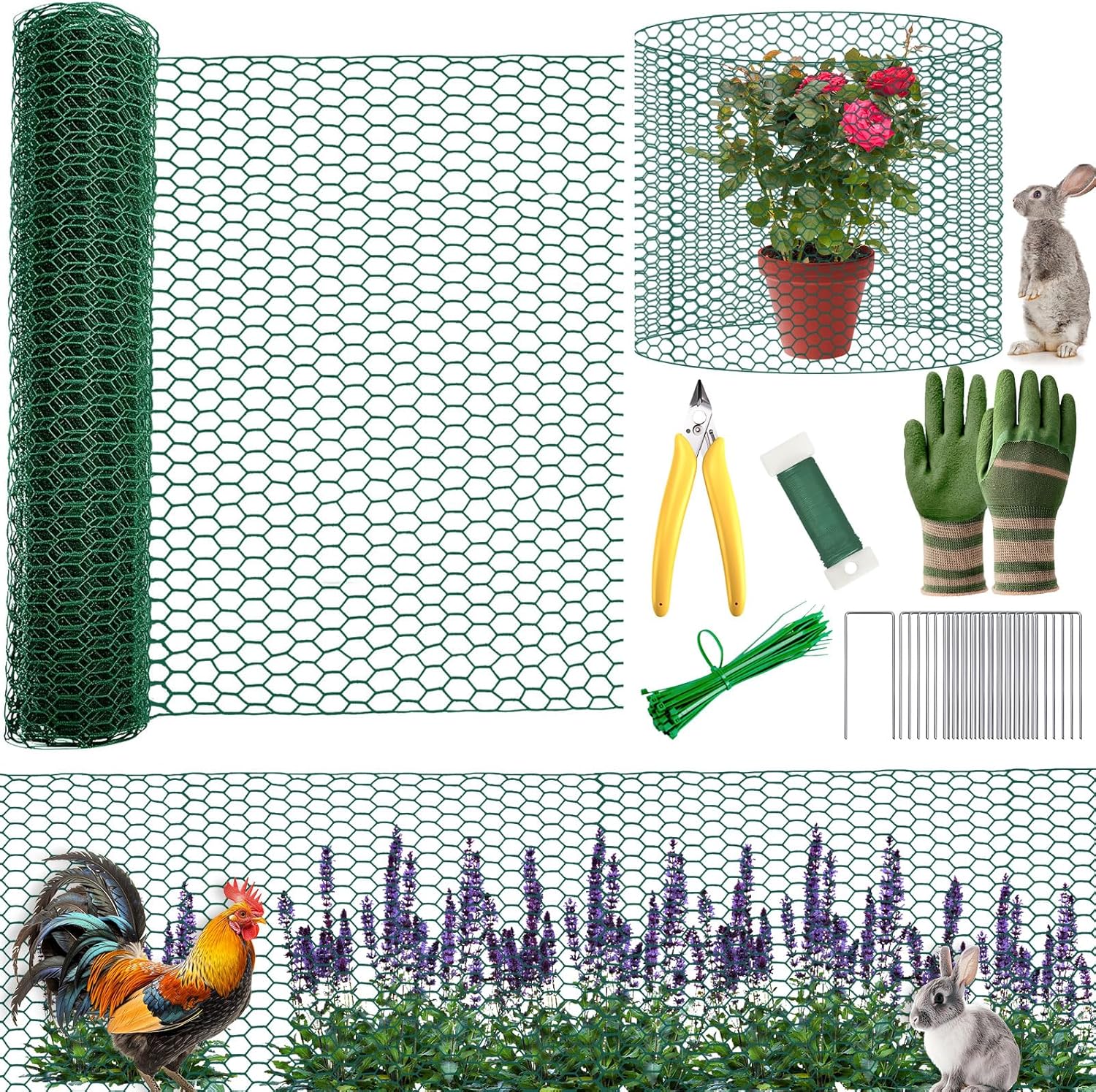 All-in-One 400 Inch Plant Protectors from Animals Kit - 0.85mm Heavy Duty Chicken Wire Cloche,Free-Cut Wire Mesh Roll Includes Pliers, Gloves, Ties, Stakes for Custom Outdoor Cages (16 * 400 Inch)