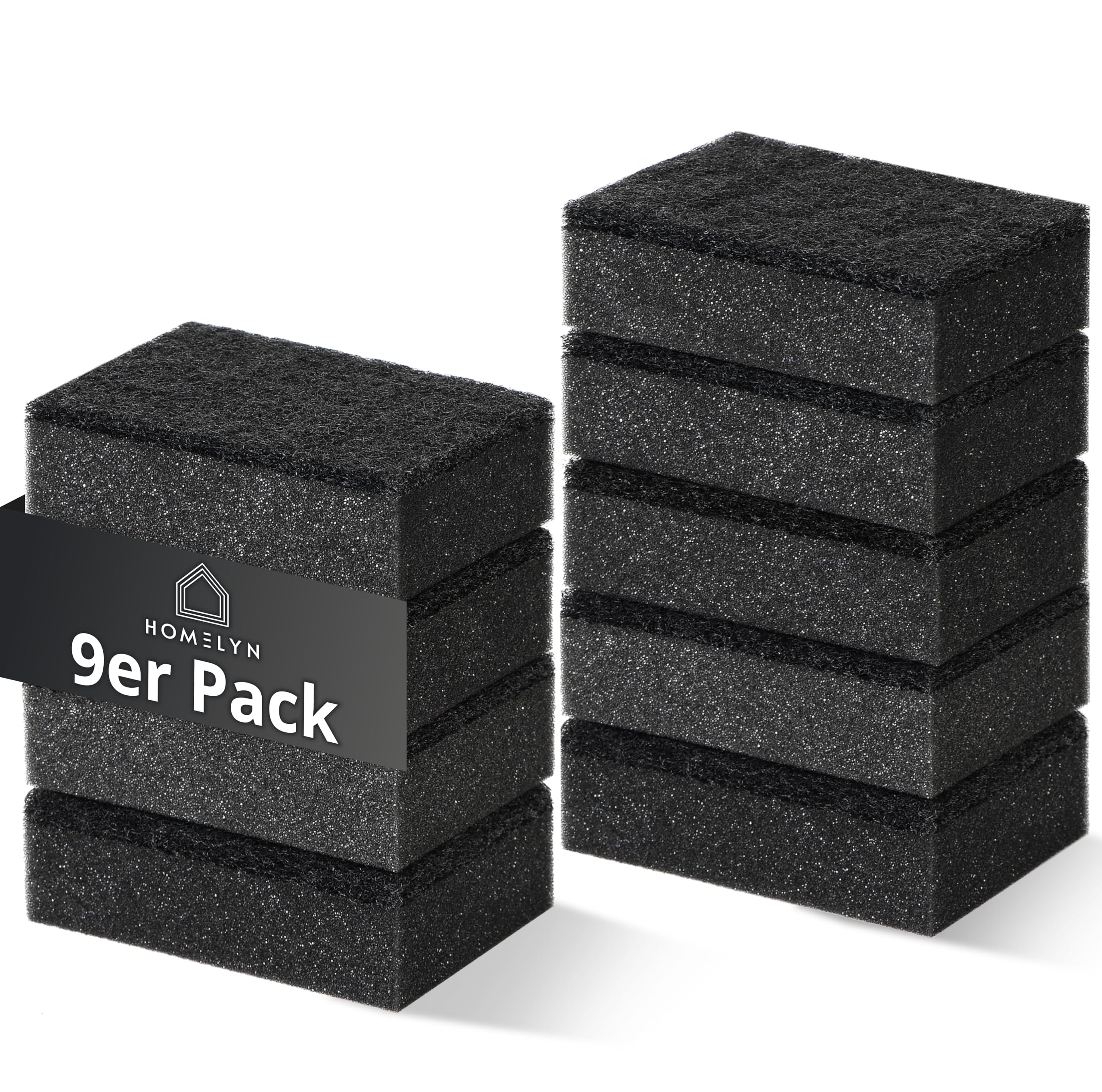 HOMELYN Spülschwamm 9er Pack, 9x7x3 cm I Putzschwamm Schwarz I Weiche Seite & Scheuerseite I Für Töpfe, Pfannen & Geschirr I Küchenschwamm I Reinigungsschwamm I Topfreiniger I Topfschwamm