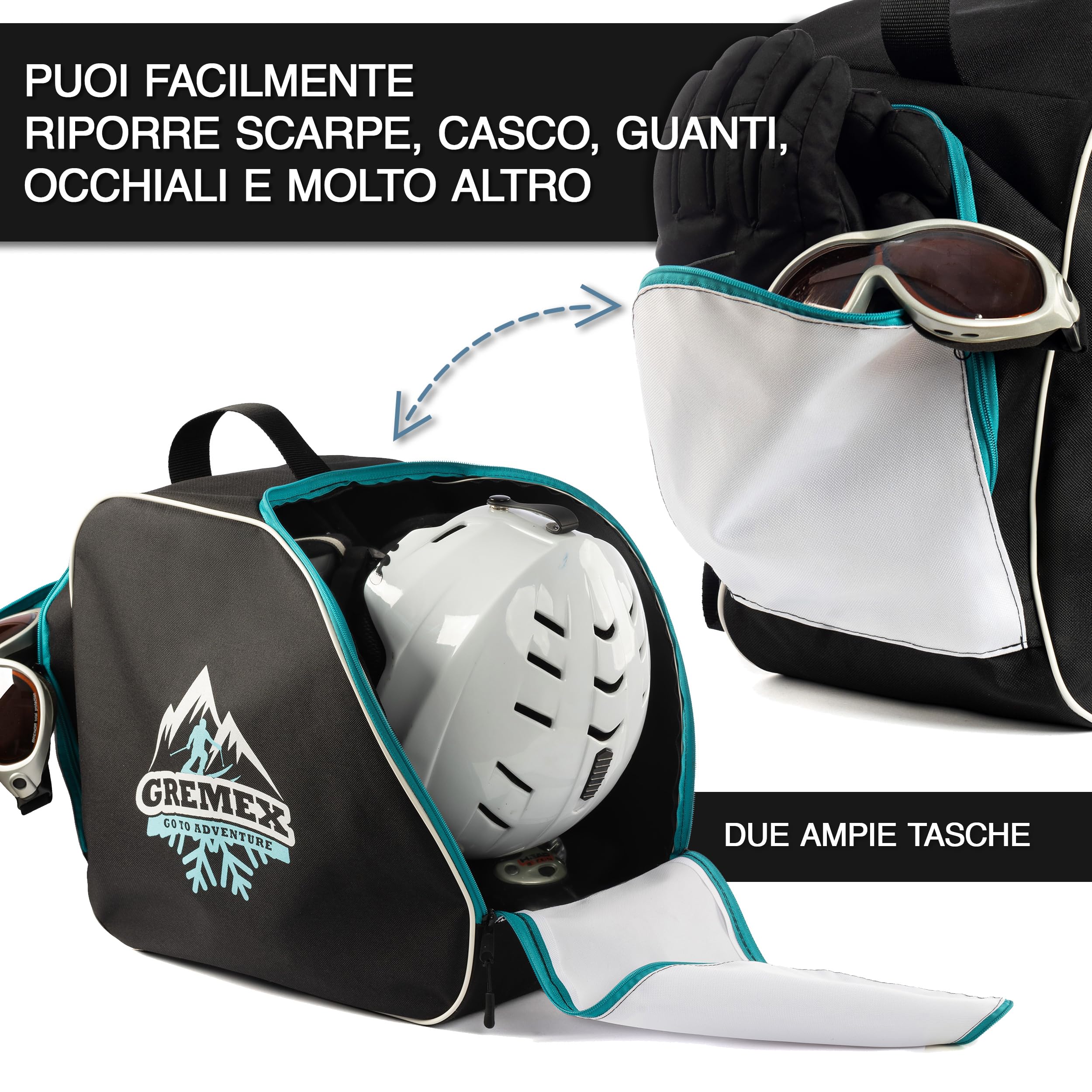borsa per scarponi da sci con casco - borsa impermeabile con scomparto per casco - borsa per scarponi da sci e casco - zaino con scomparto per casco e cuciture in titanio