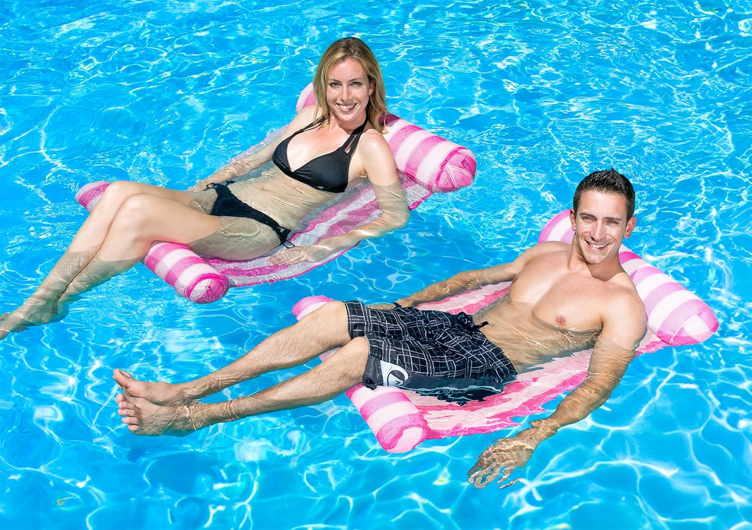 Poolmaster 2- Pack Water Hammock Inflatable Pool Floats for Adults, 4-in-1 Hammock, Saddle, Lounge or Drifter With Quick-Dry Mesh Fabric, 12-Gauge Vinyl Support, Pink